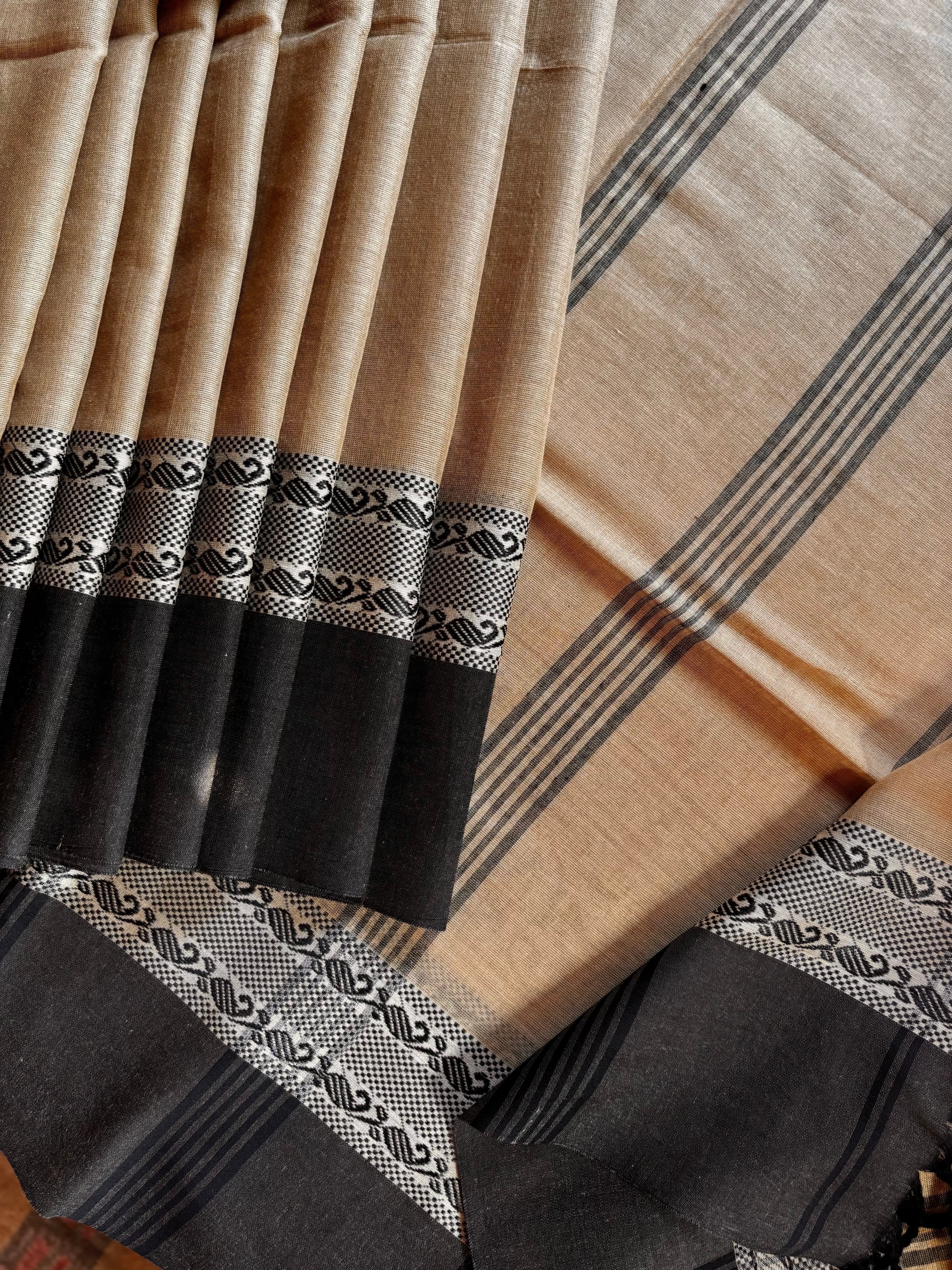 Handwoven Natural Tussar Colour With Black Phulia Cotton Saree