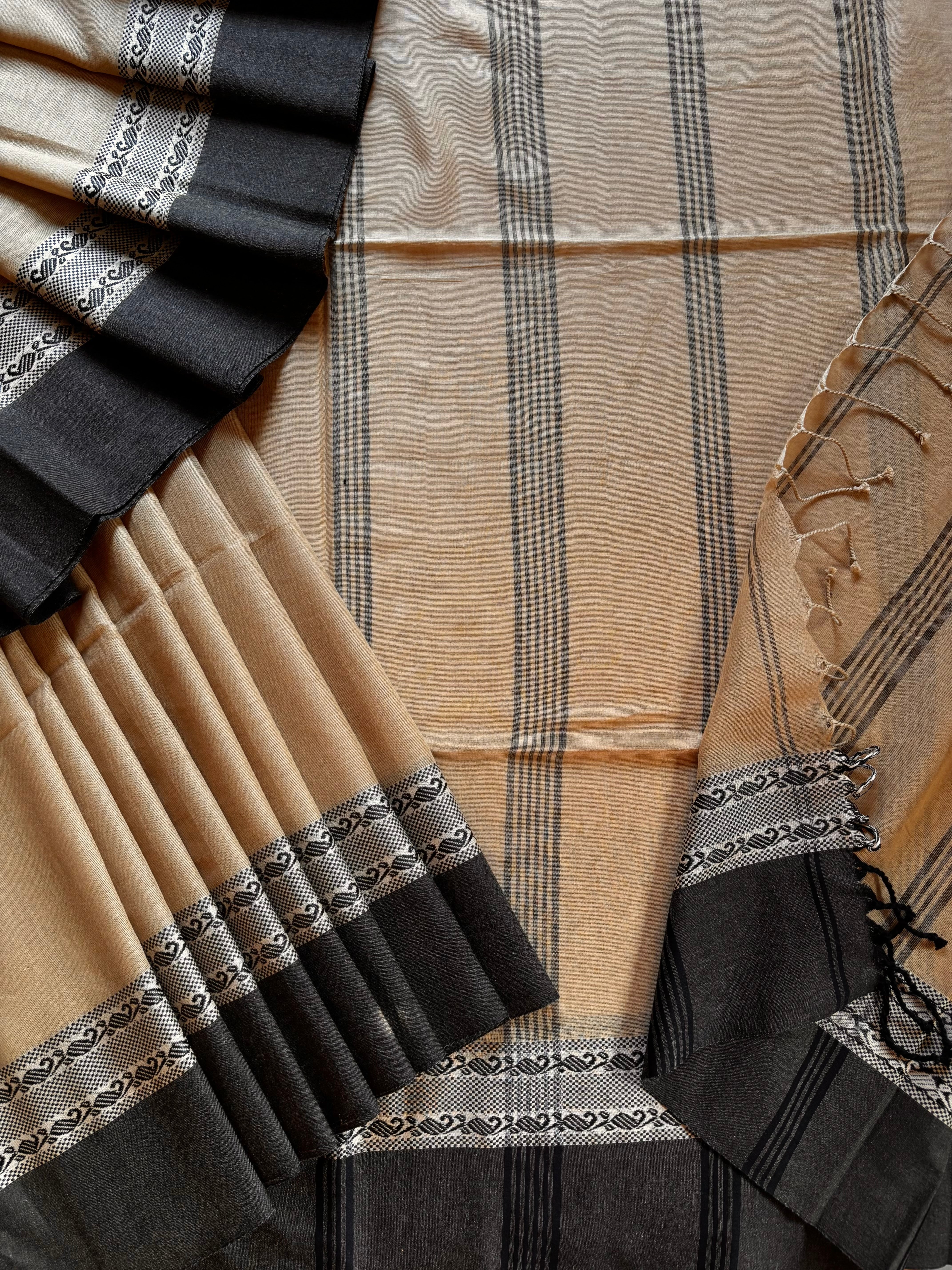 Handwoven Natural Tussar Colour With Black Phulia Cotton Saree