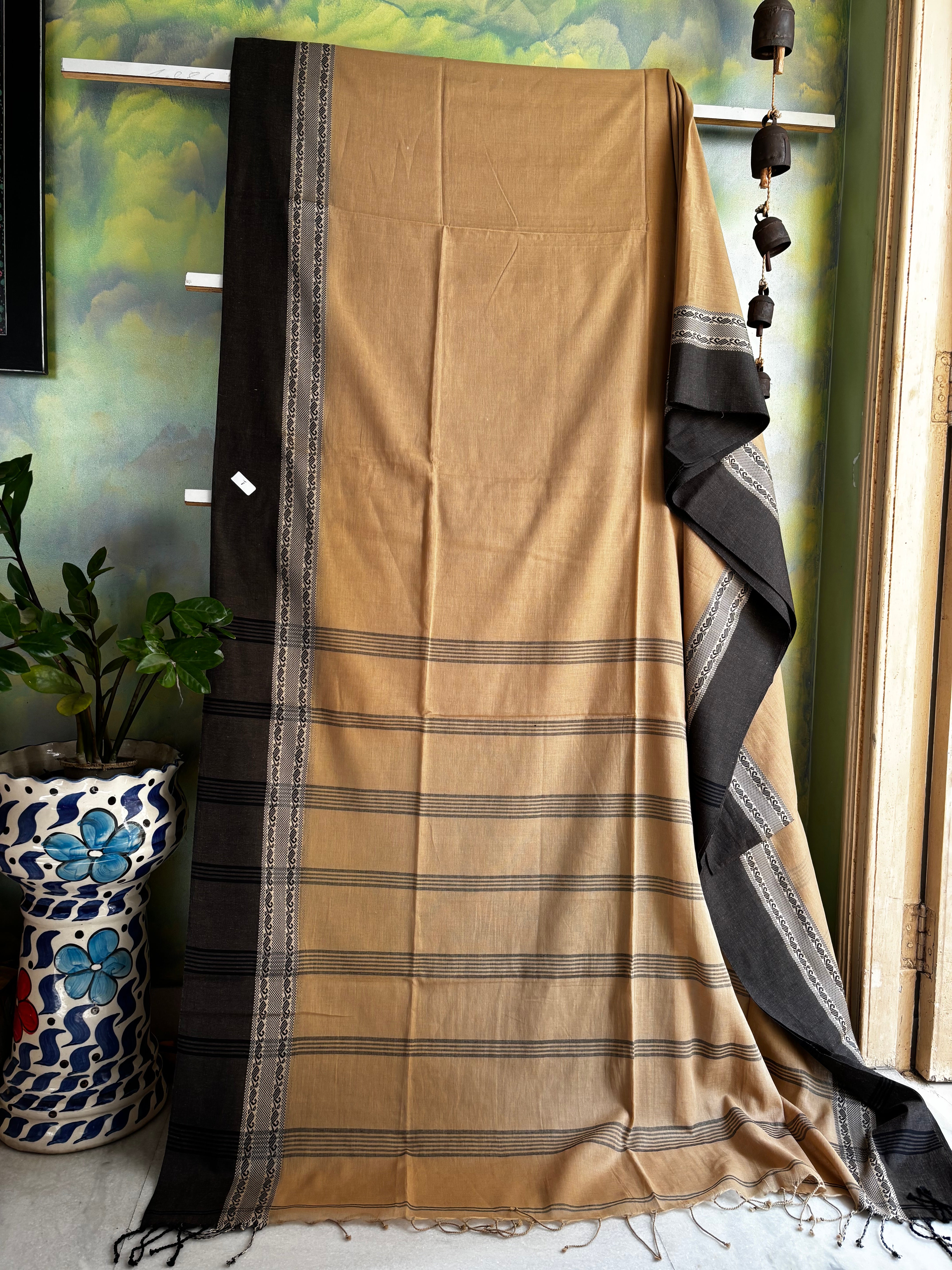 Handwoven Natural Tussar Colour With Black Phulia Cotton Saree