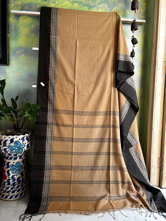 Handwoven Natural Tussar Colour With Black Phulia Cotton Saree