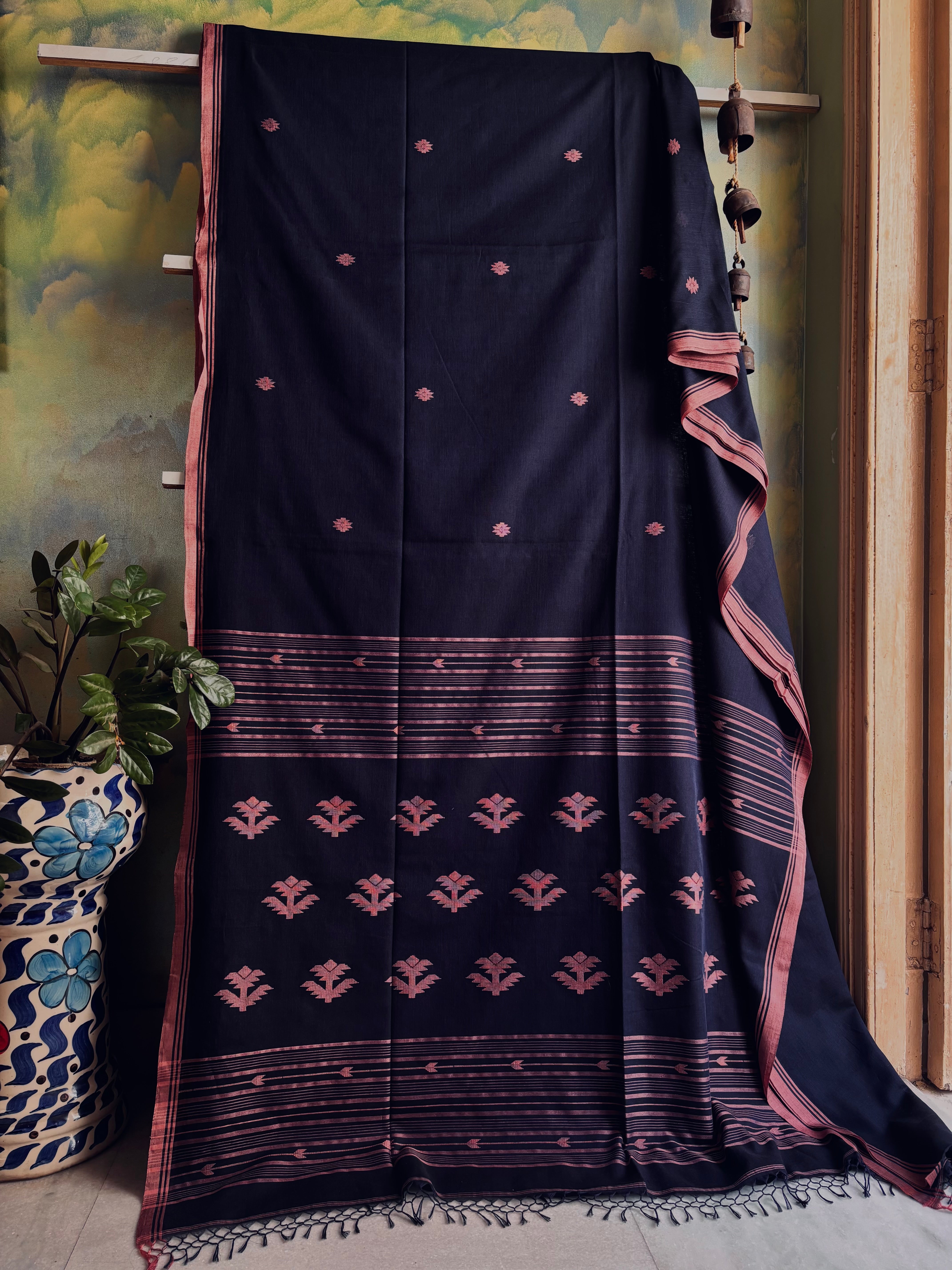 Handwoven Blue Black Colour Cotton Jamdani Saree