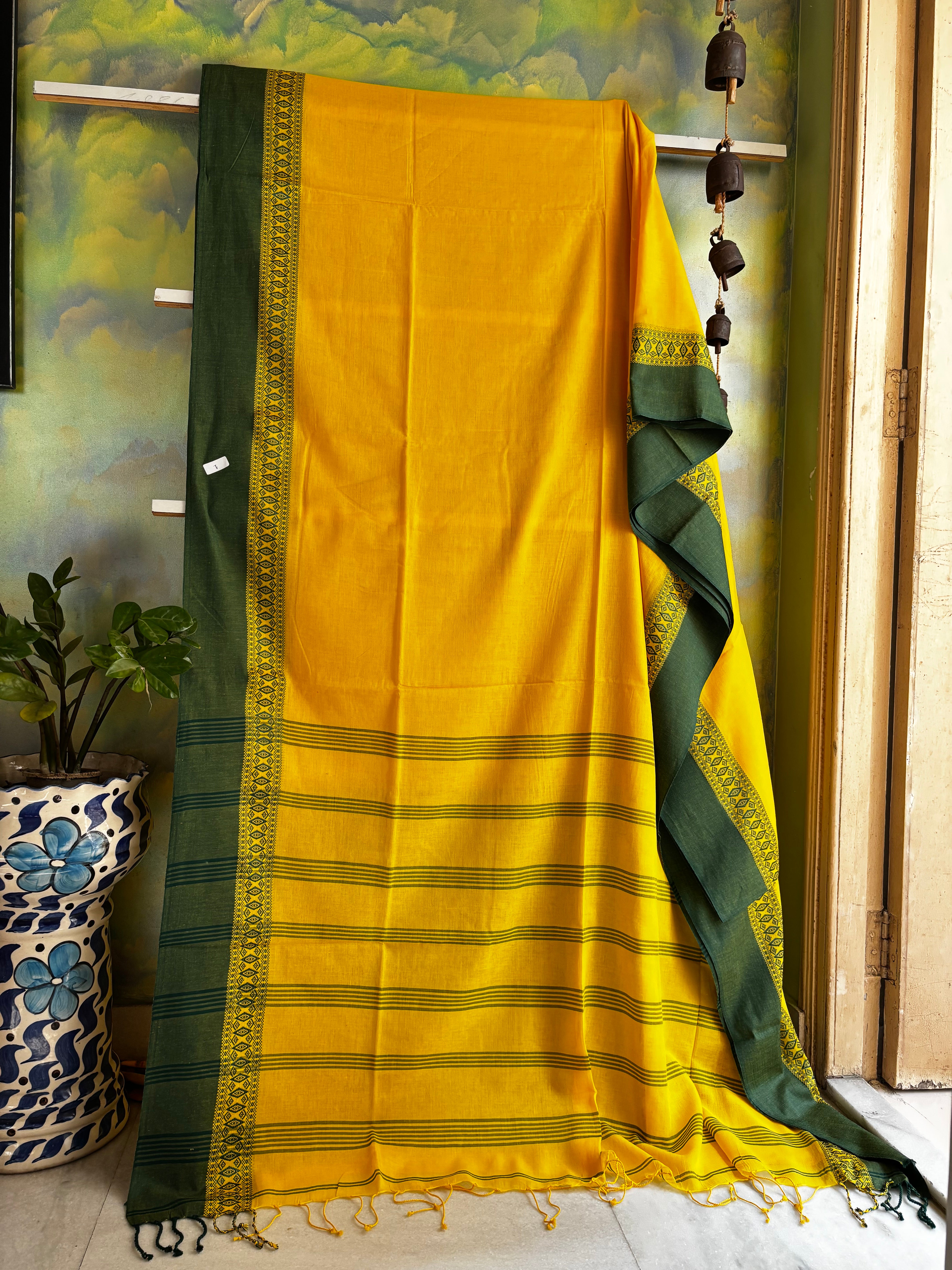 Handwoven Yellow Green Phulia Cotton Saree