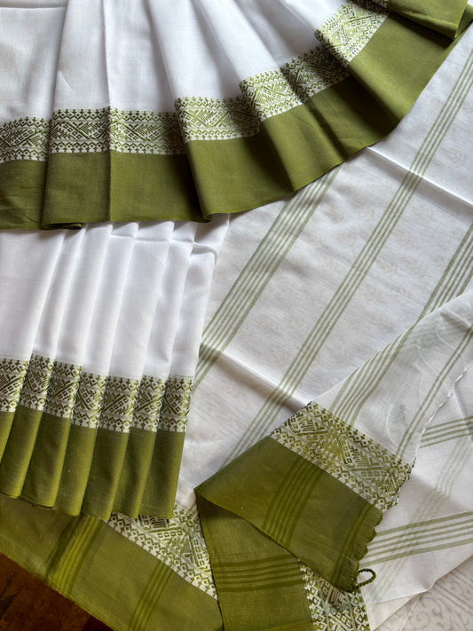 Handwoven White Green Phulia Cotton Saree