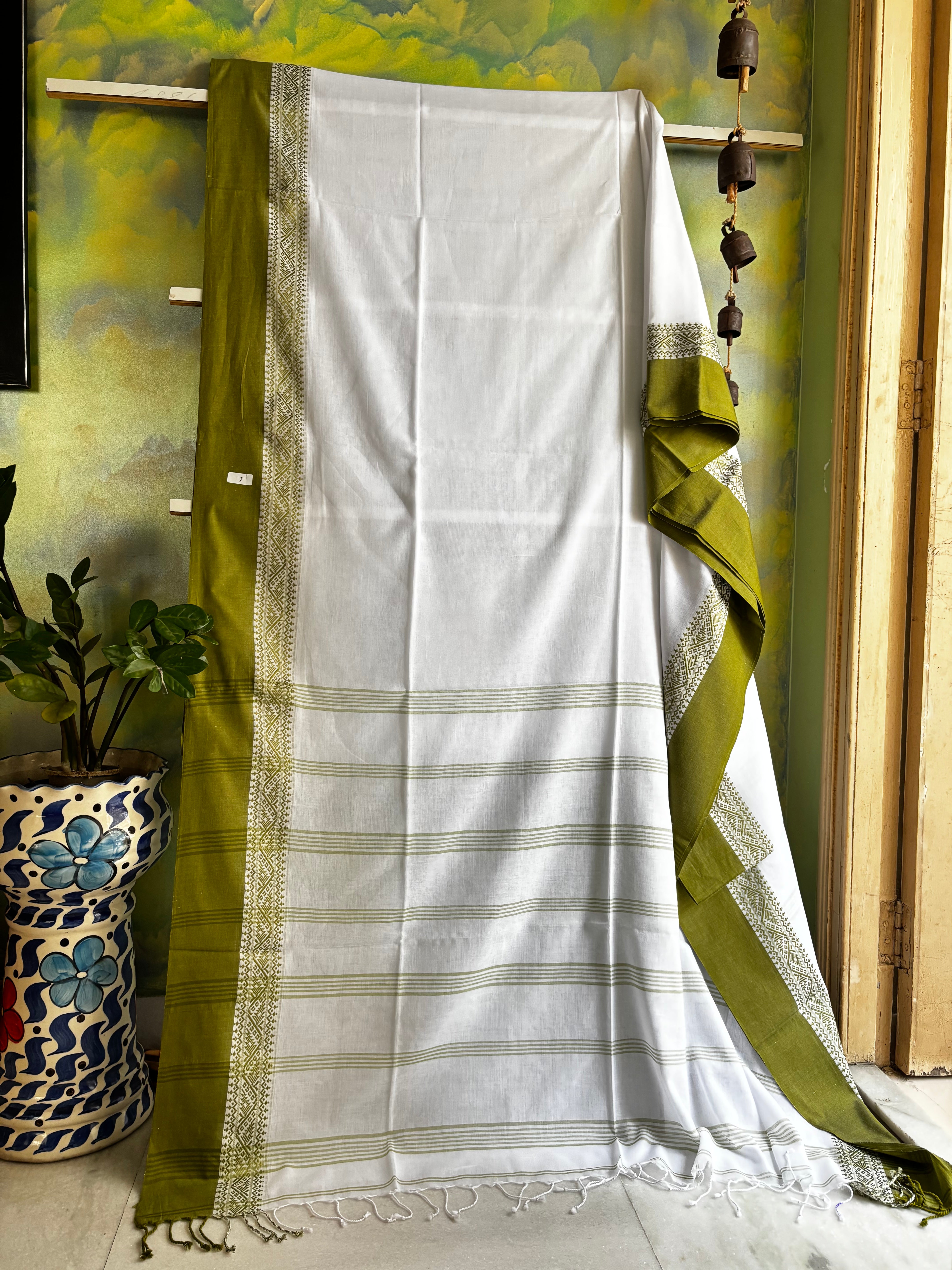 Handwoven White Green Phulia Cotton Saree