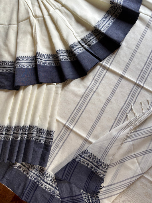 Handwoven Offwhite Blue Phulia Cotton Saree