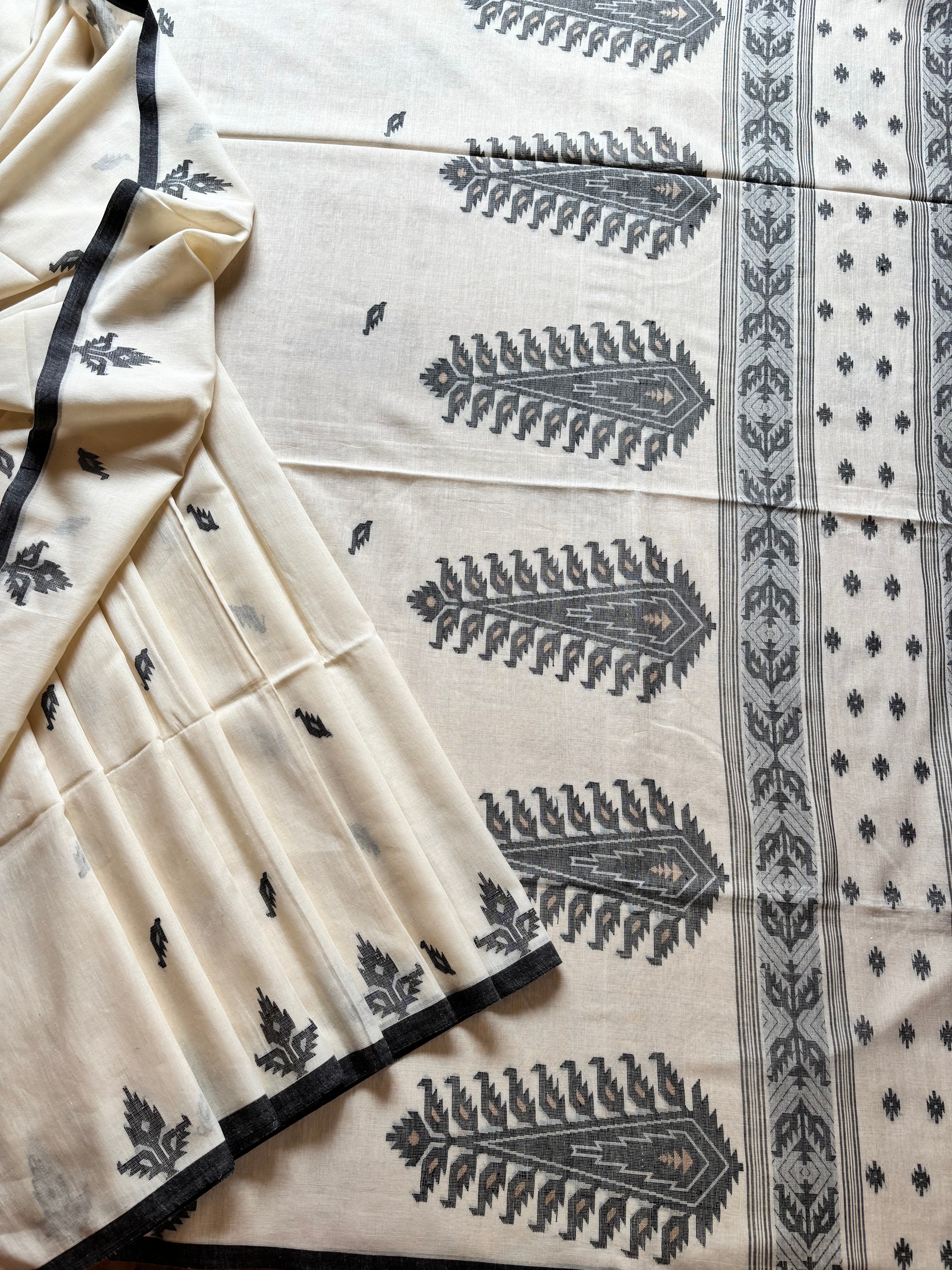 Offwite Black Cotton Jamdani