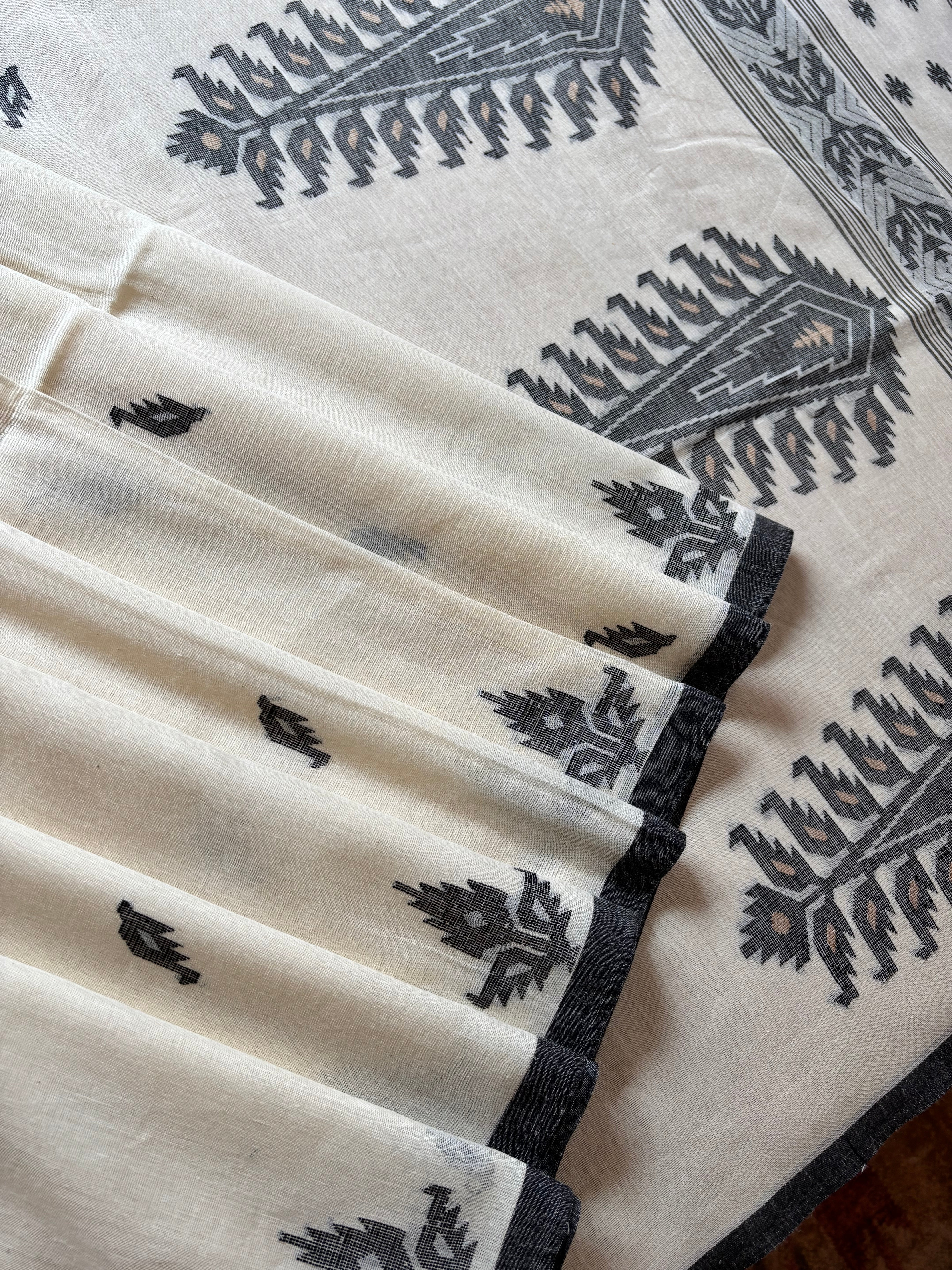 Offwite Black Cotton Jamdani