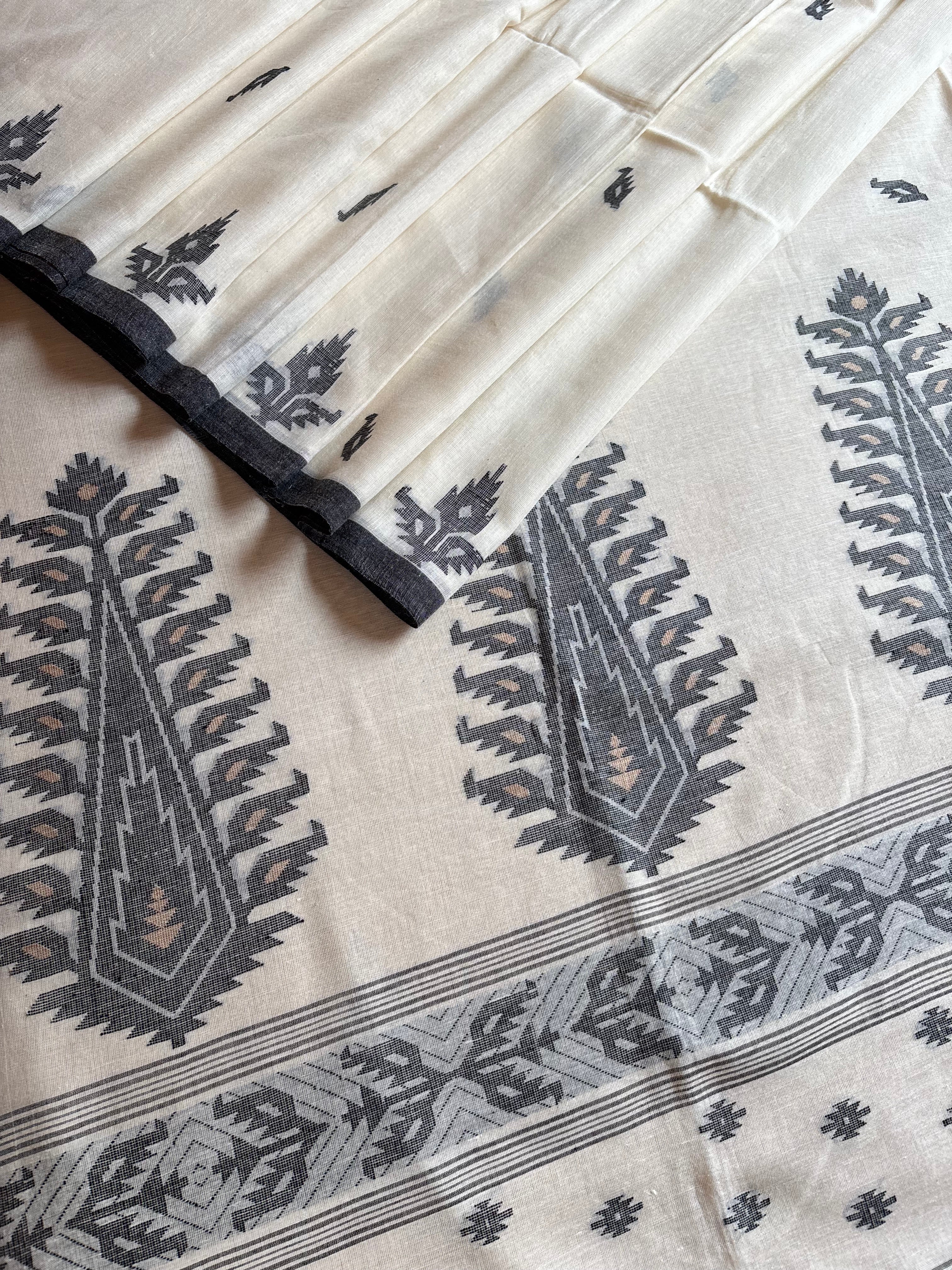Offwite Black Cotton Jamdani