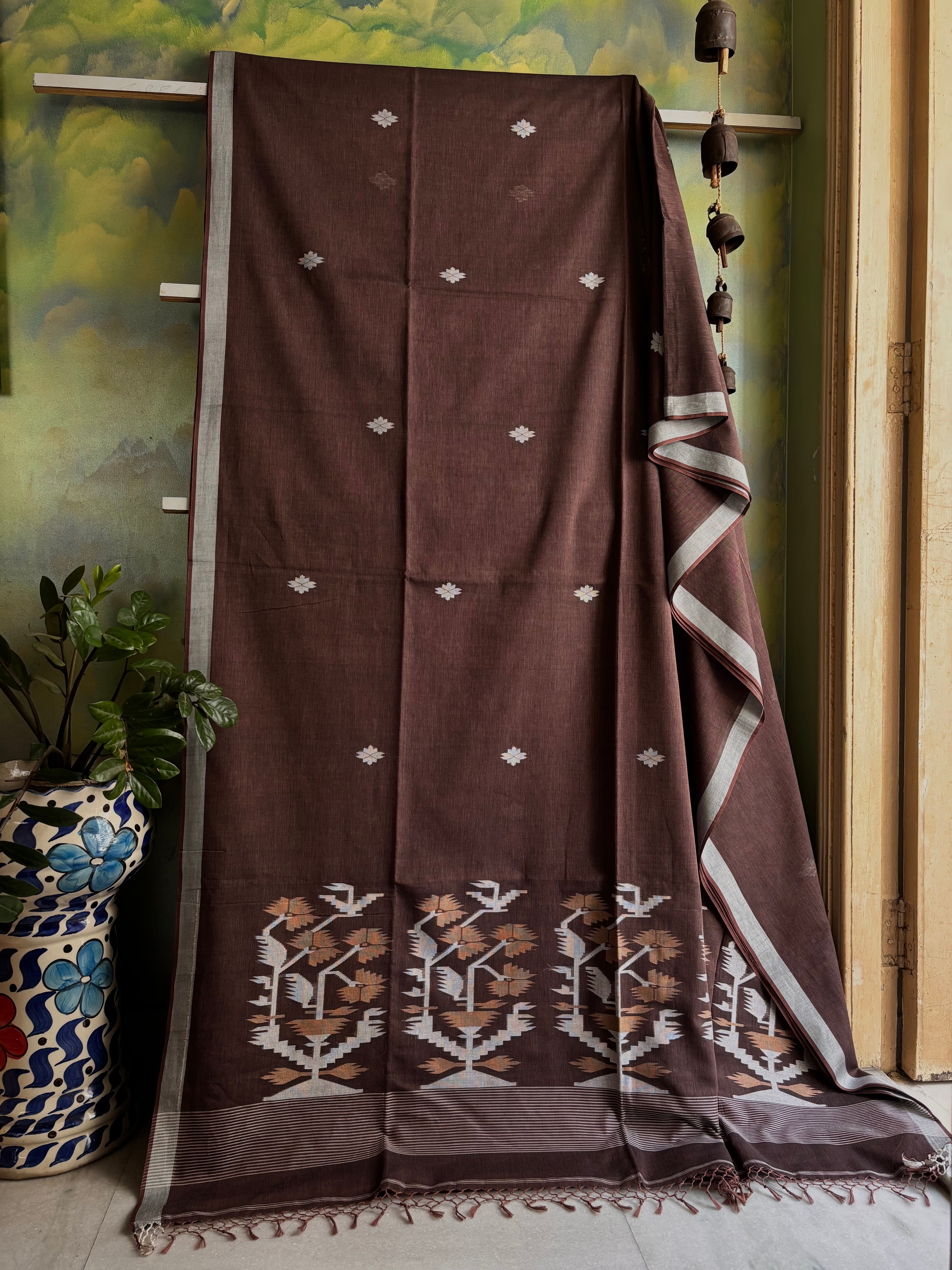 Handwoven Brown Colour Cotton Jamdani Saree