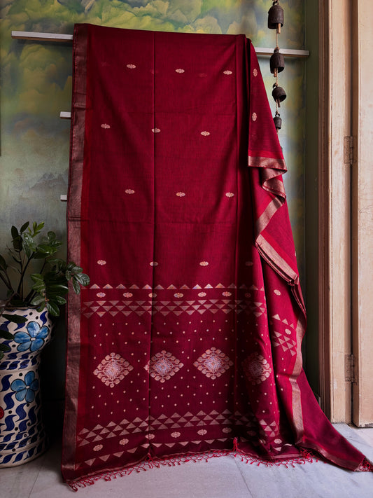 Handwoven Maroon Colour Cotton Jamdani Saree