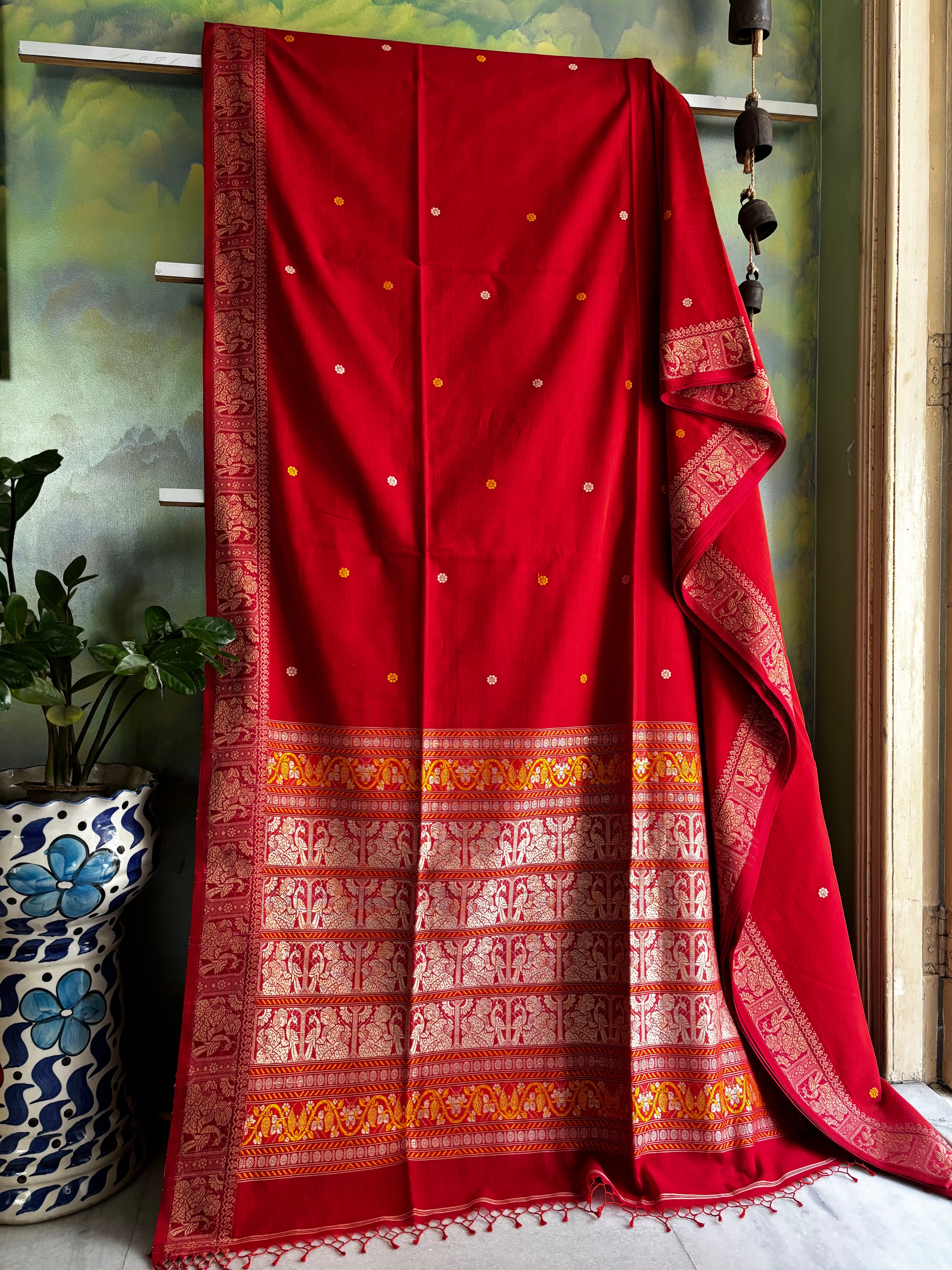 Handwoven Orange Colour Baluchari Cotton Saree