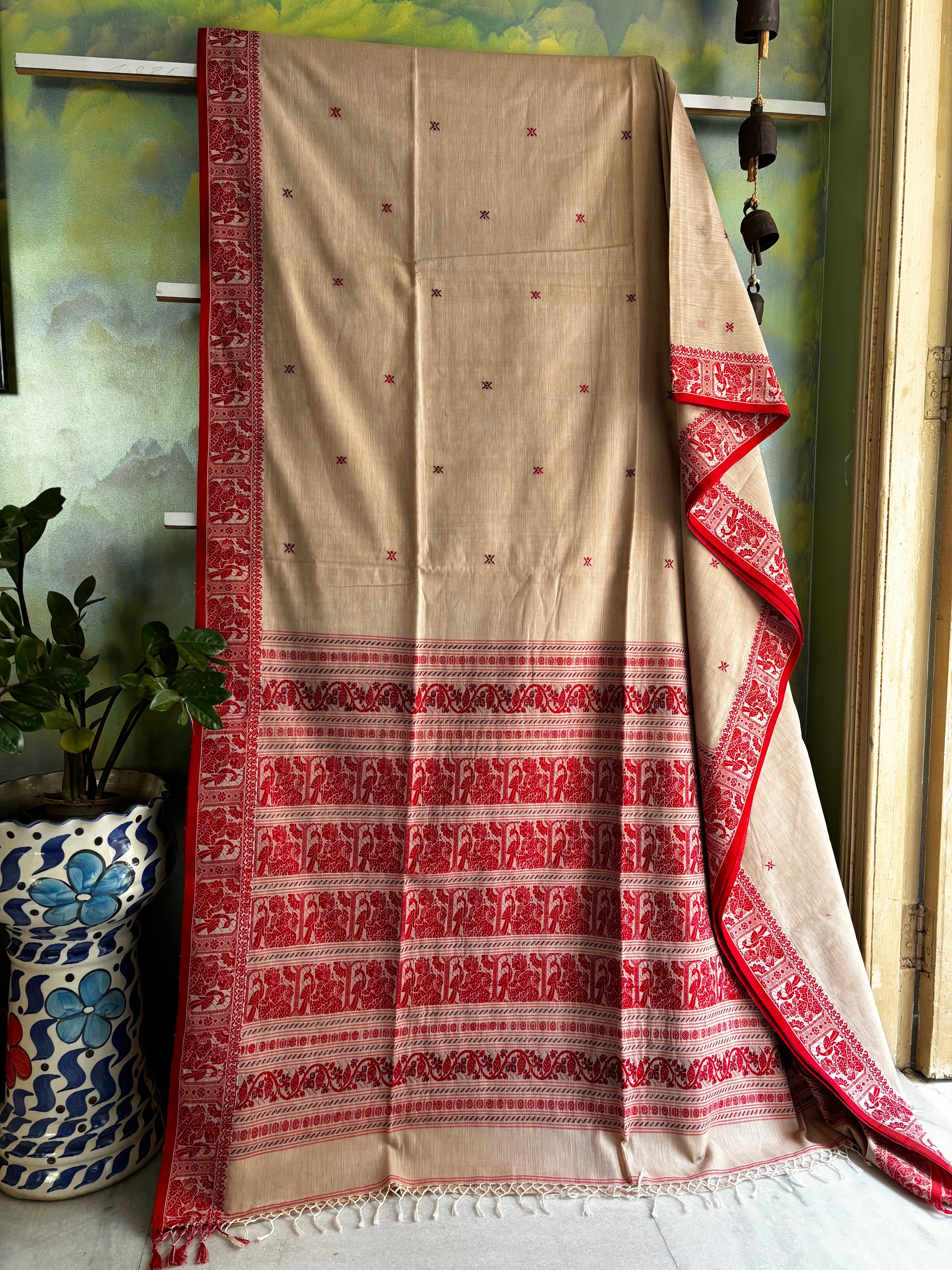 Handwoven Beige Red Baluchari Cotton Saree