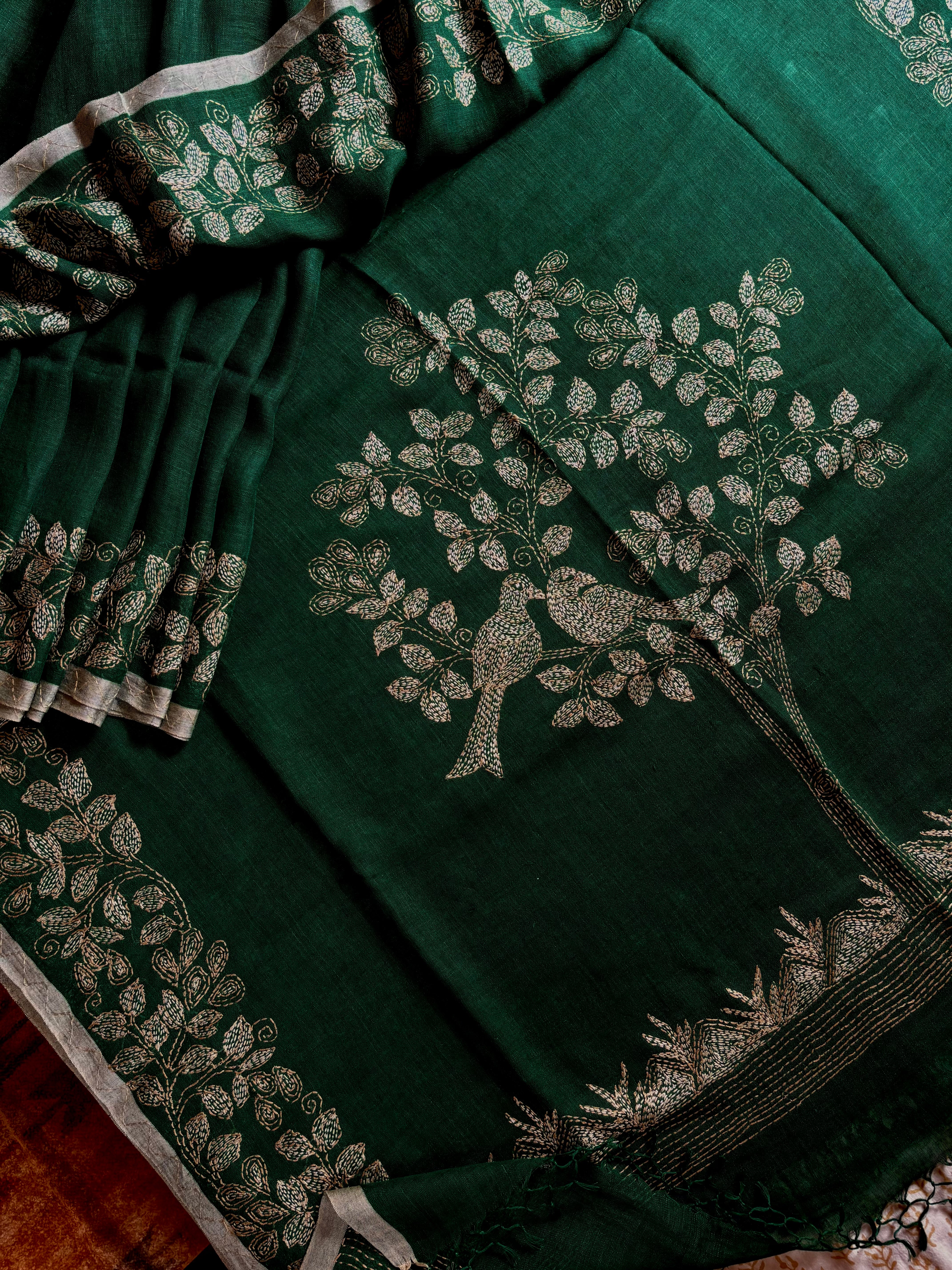 Handmade Bottle Green Colour Linen Kantha Saree