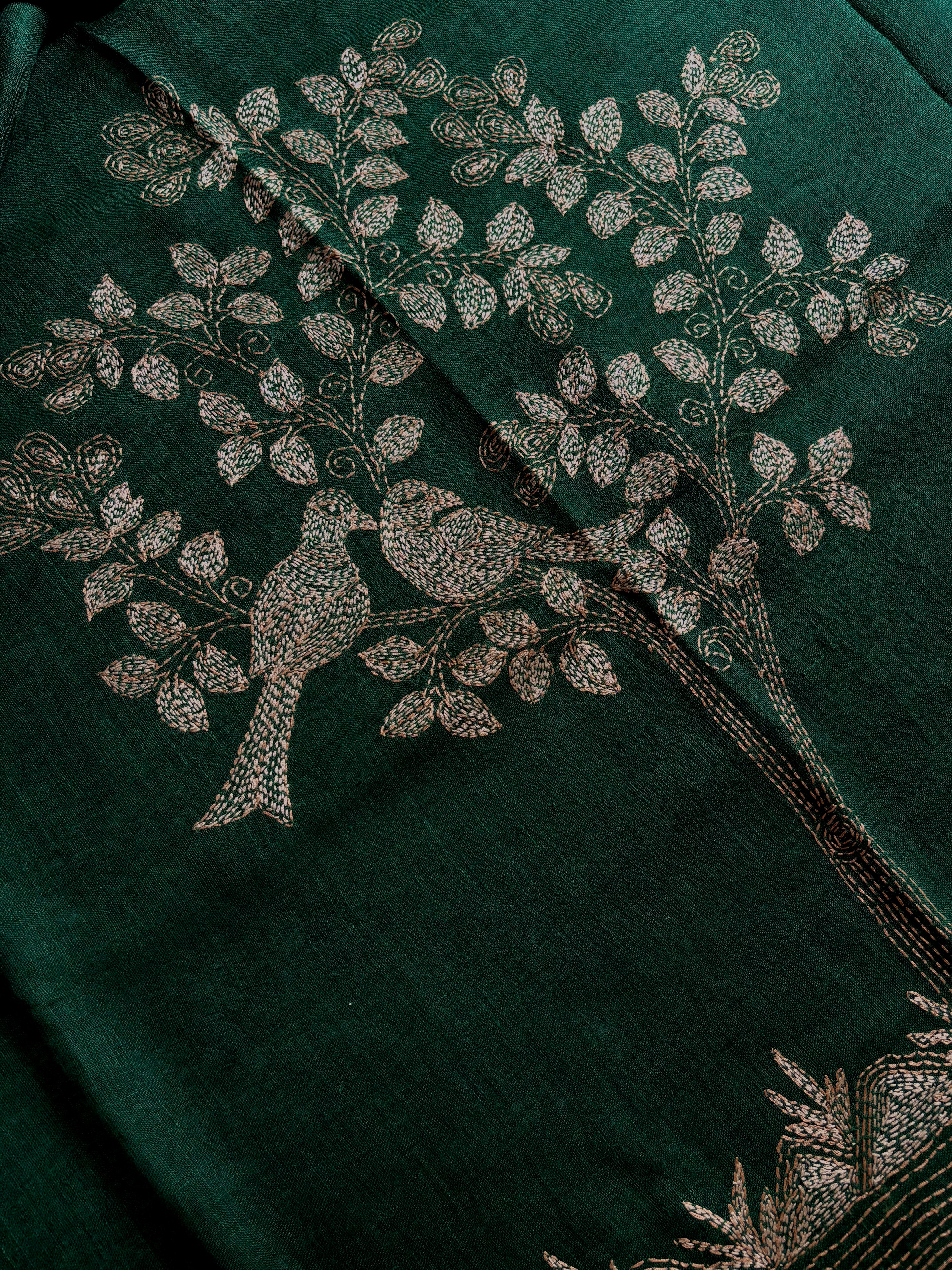 Handmade Bottle Green Colour Linen Kantha Saree