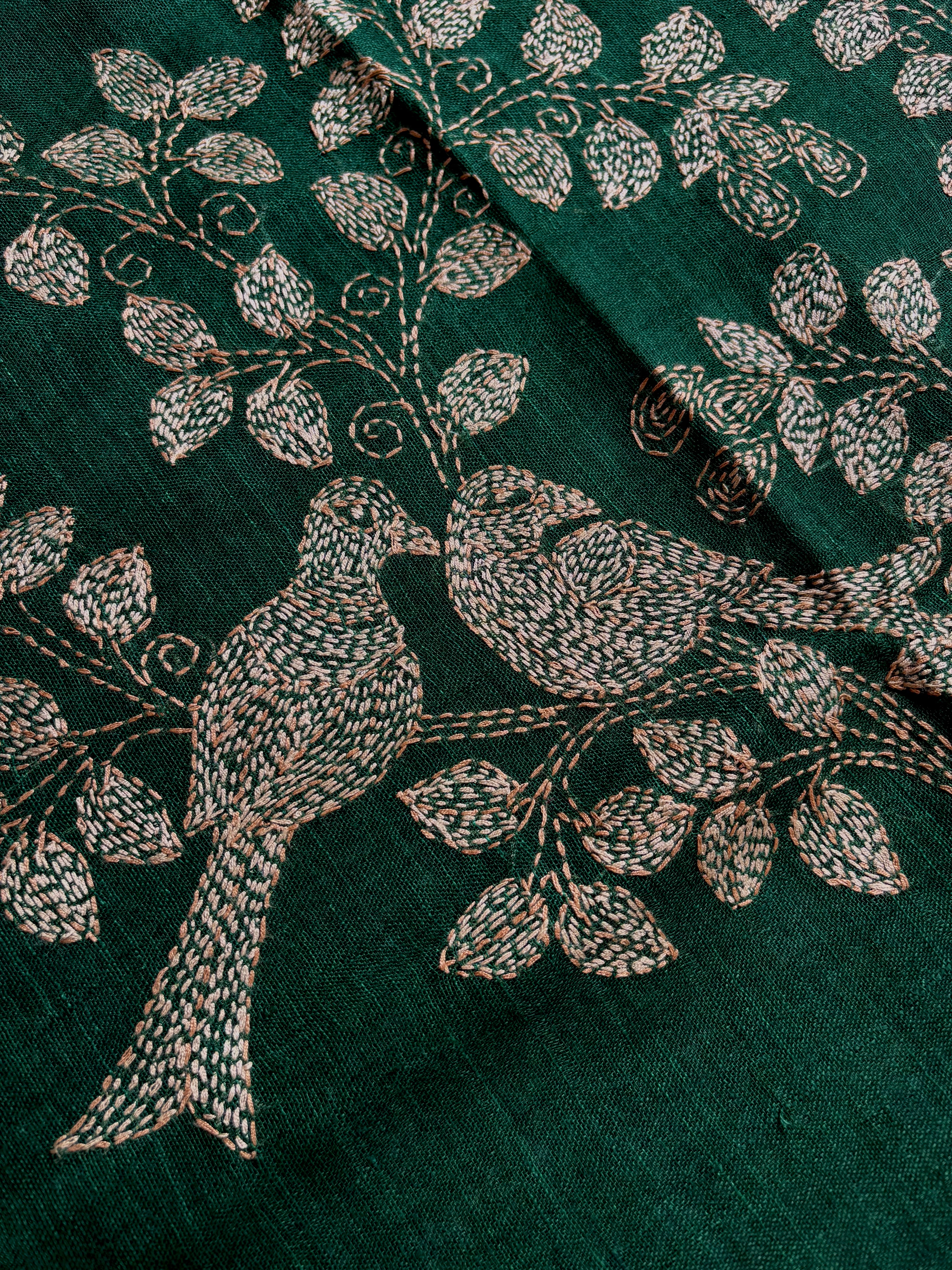 Handmade Bottle Green Colour Linen Kantha Saree