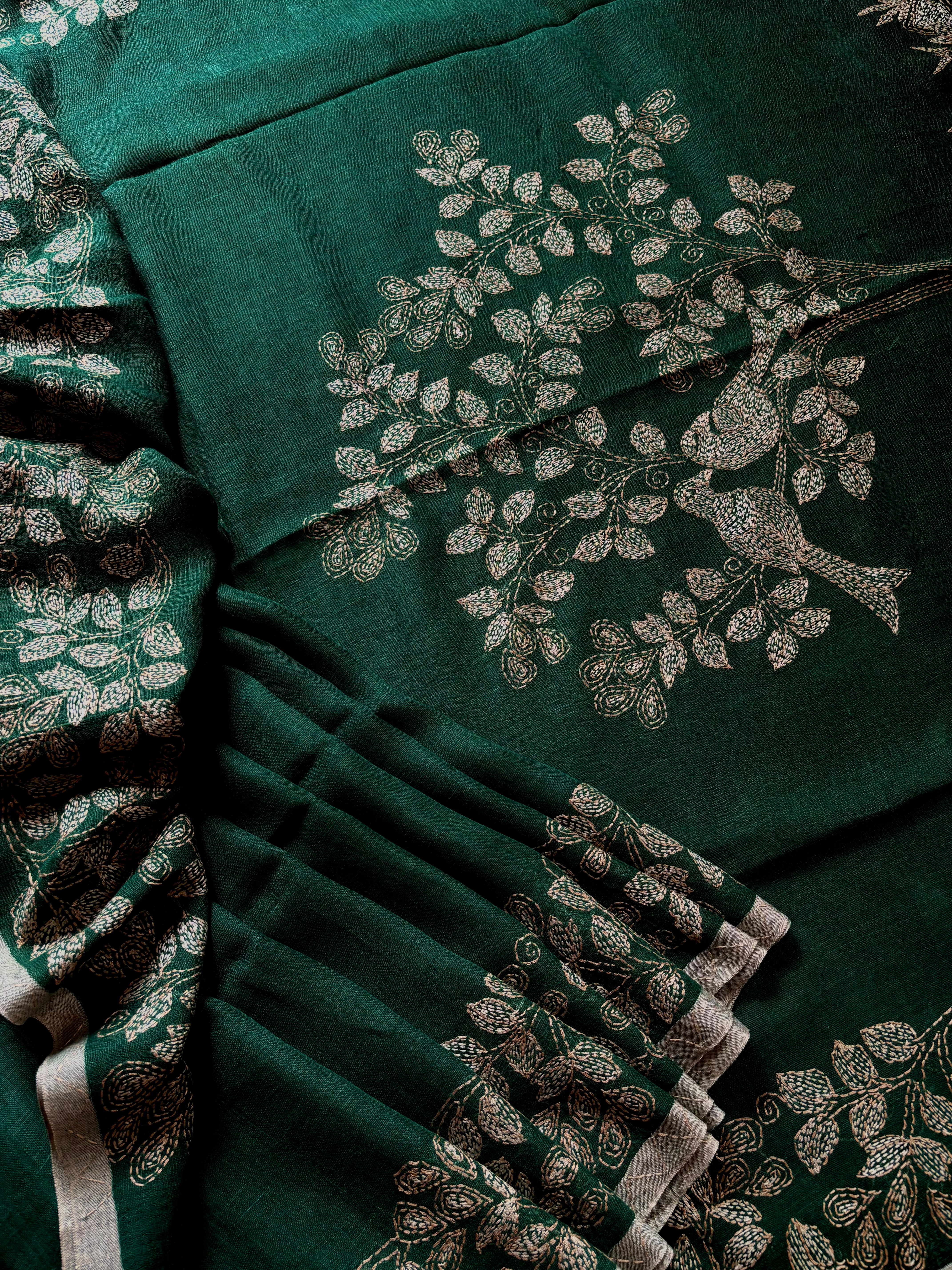 Handmade Bottle Green Colour Linen Kantha Saree