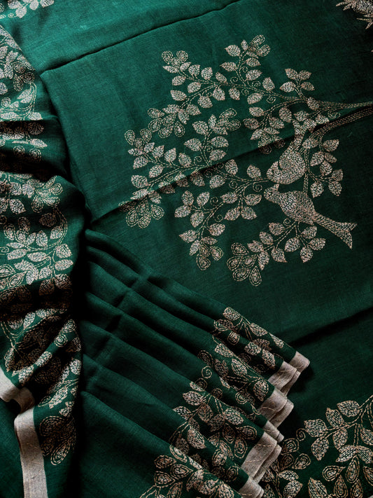 Handmade Bottle Green Colour Linen Kantha Saree