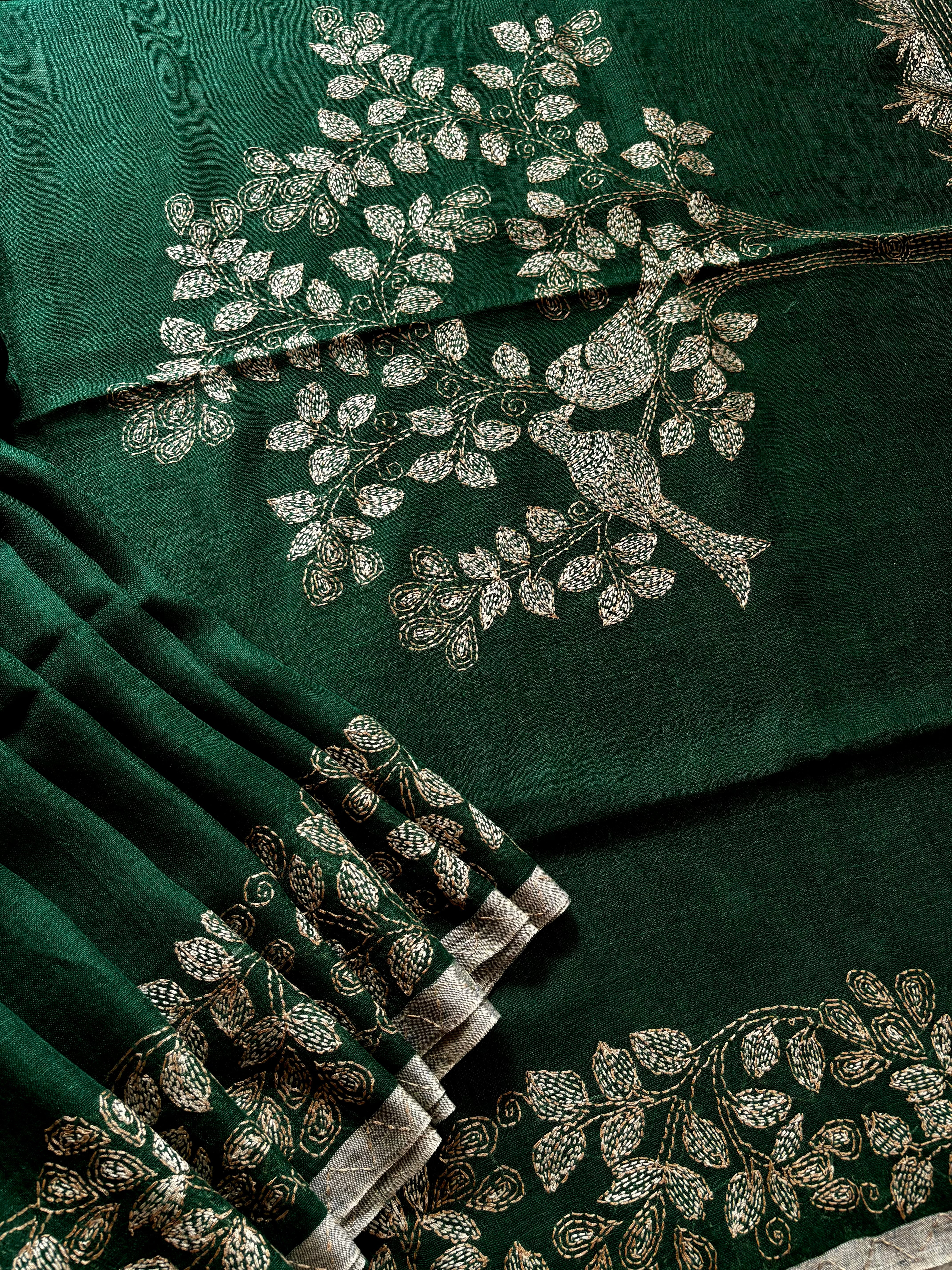 Handmade Bottle Green Colour Linen Kantha Saree