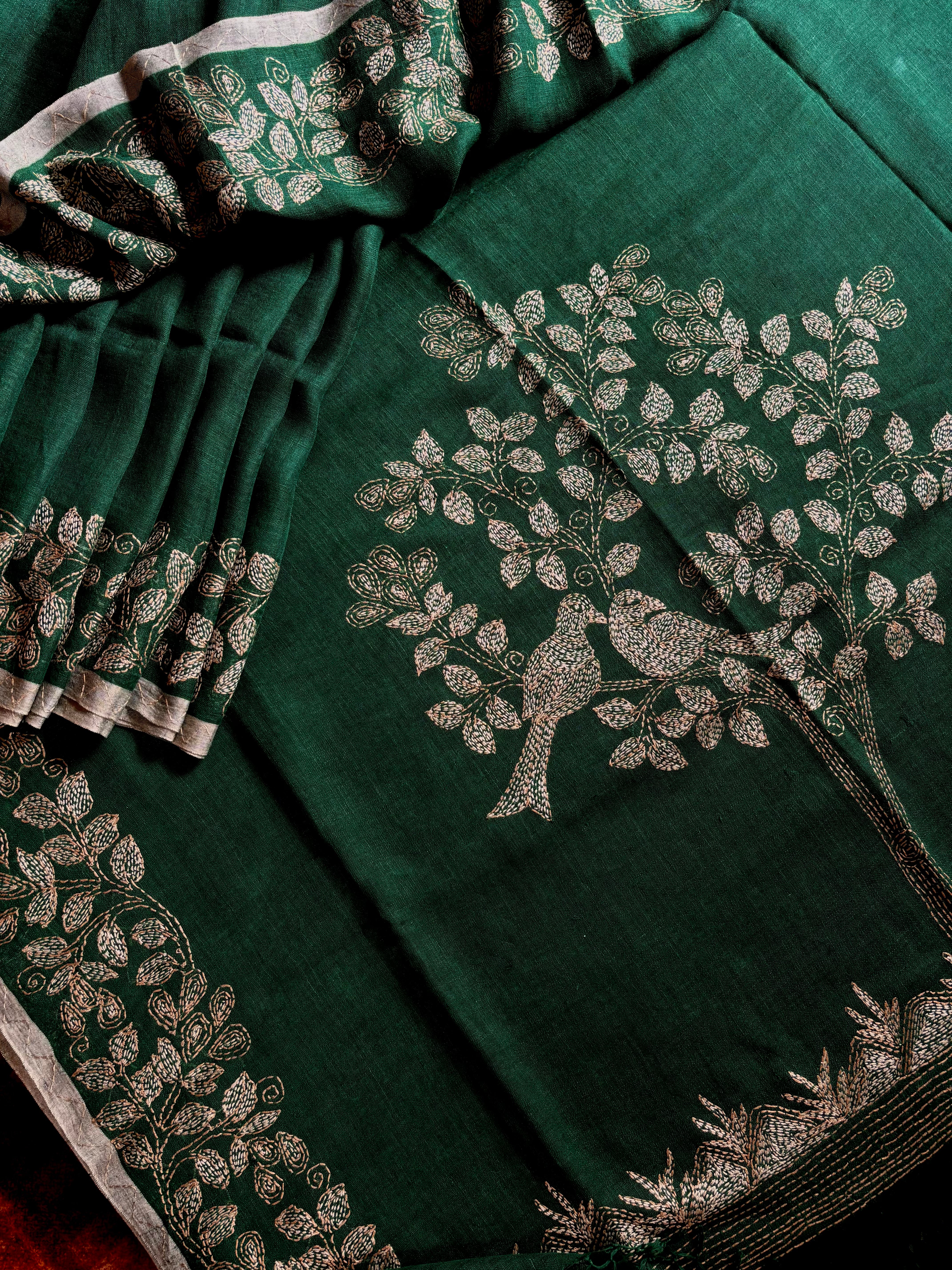 Handmade Bottle Green Colour Linen Kantha Saree