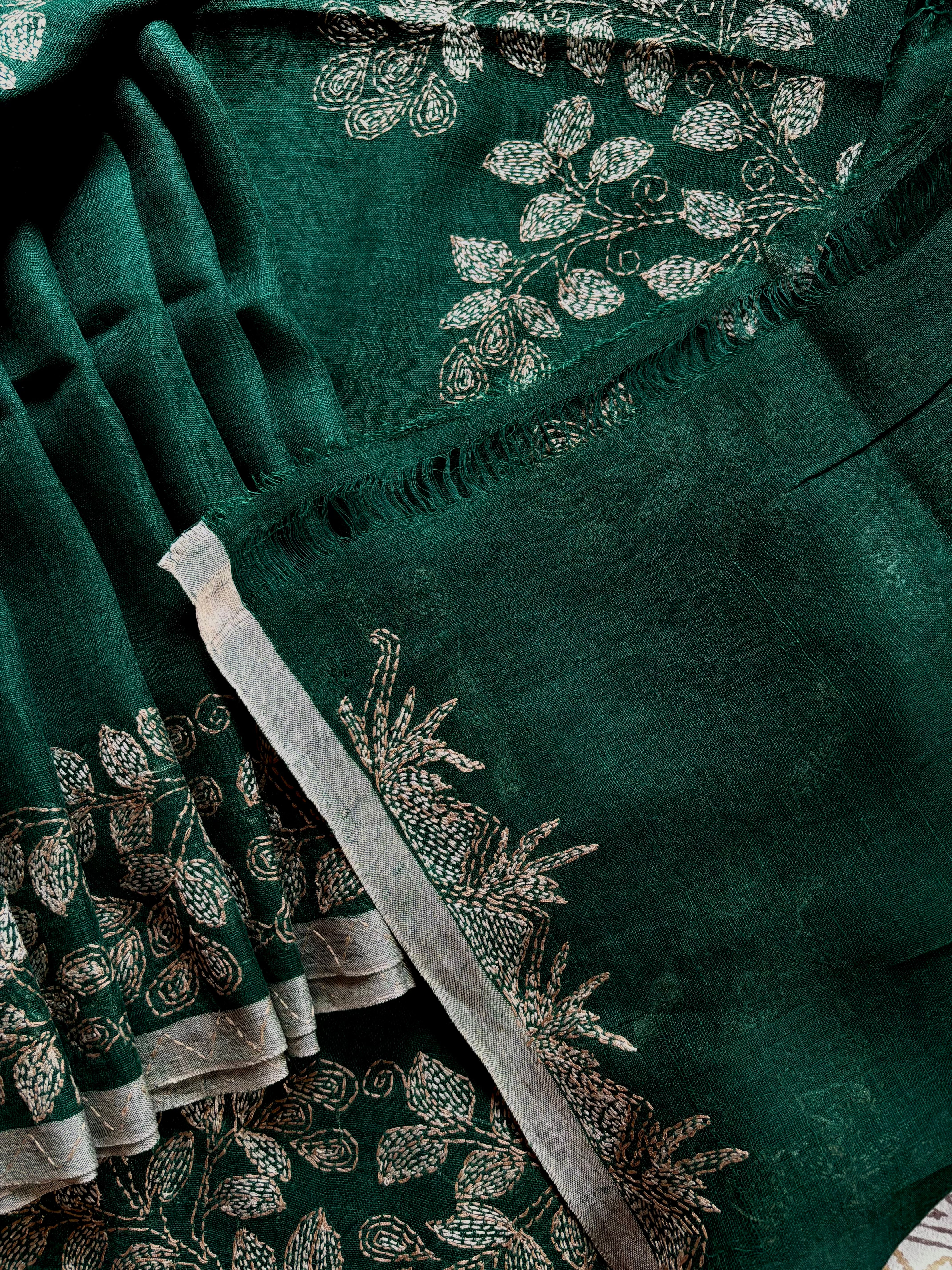 Handmade Bottle Green Colour Linen Kantha Saree