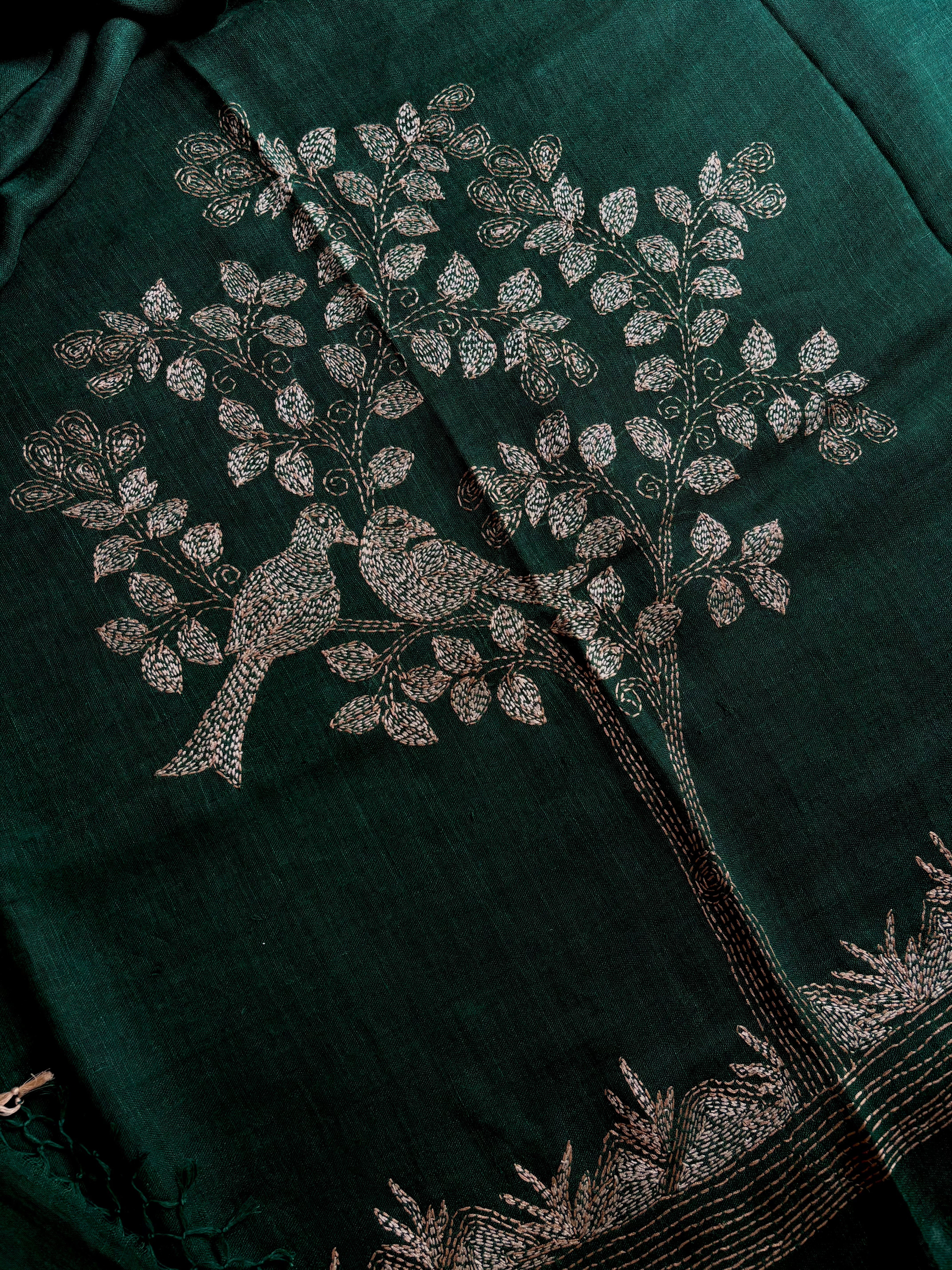 Handmade Bottle Green Colour Linen Kantha Saree