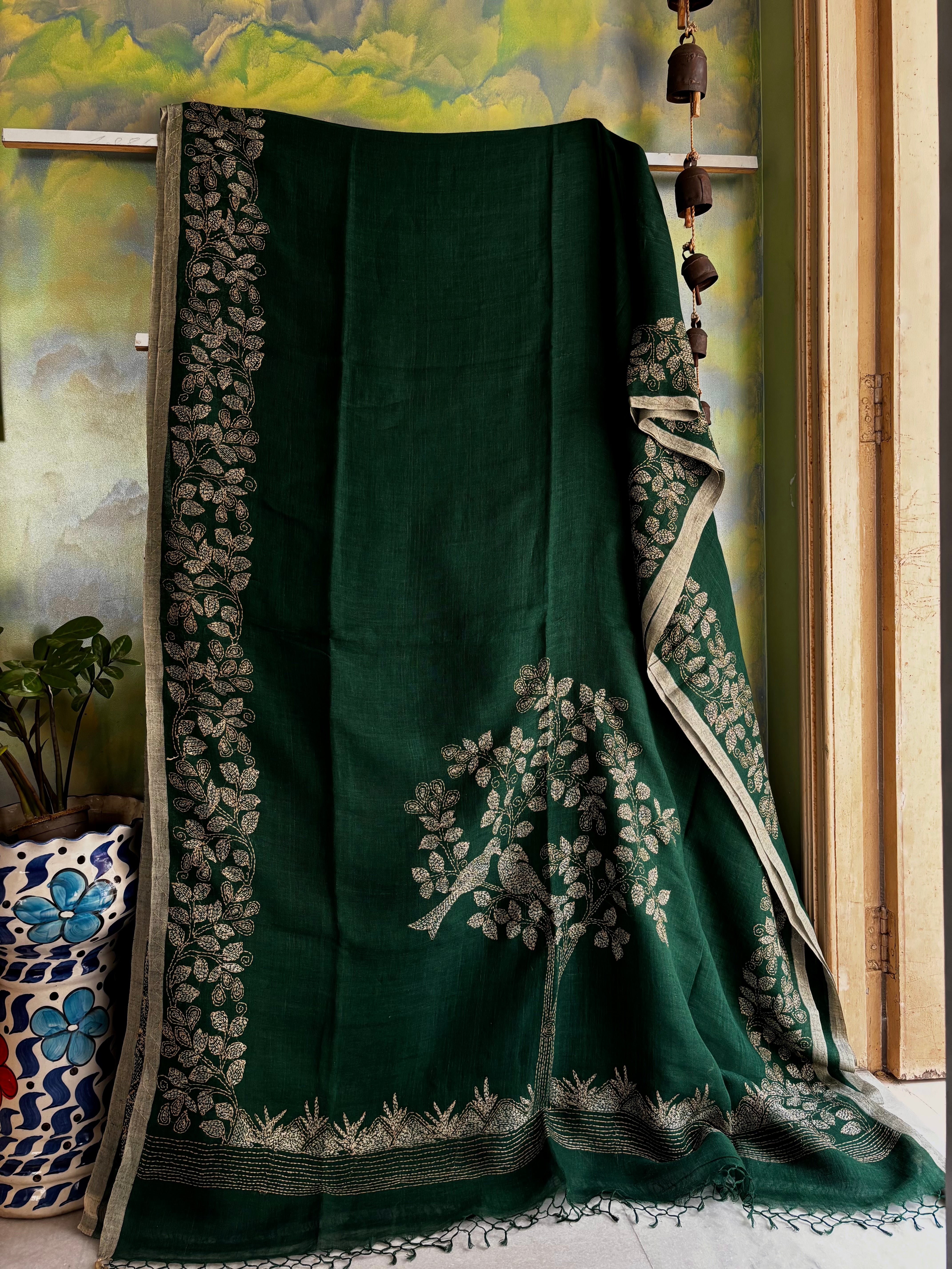 Handmade Bottle Green Colour Linen Kantha Saree