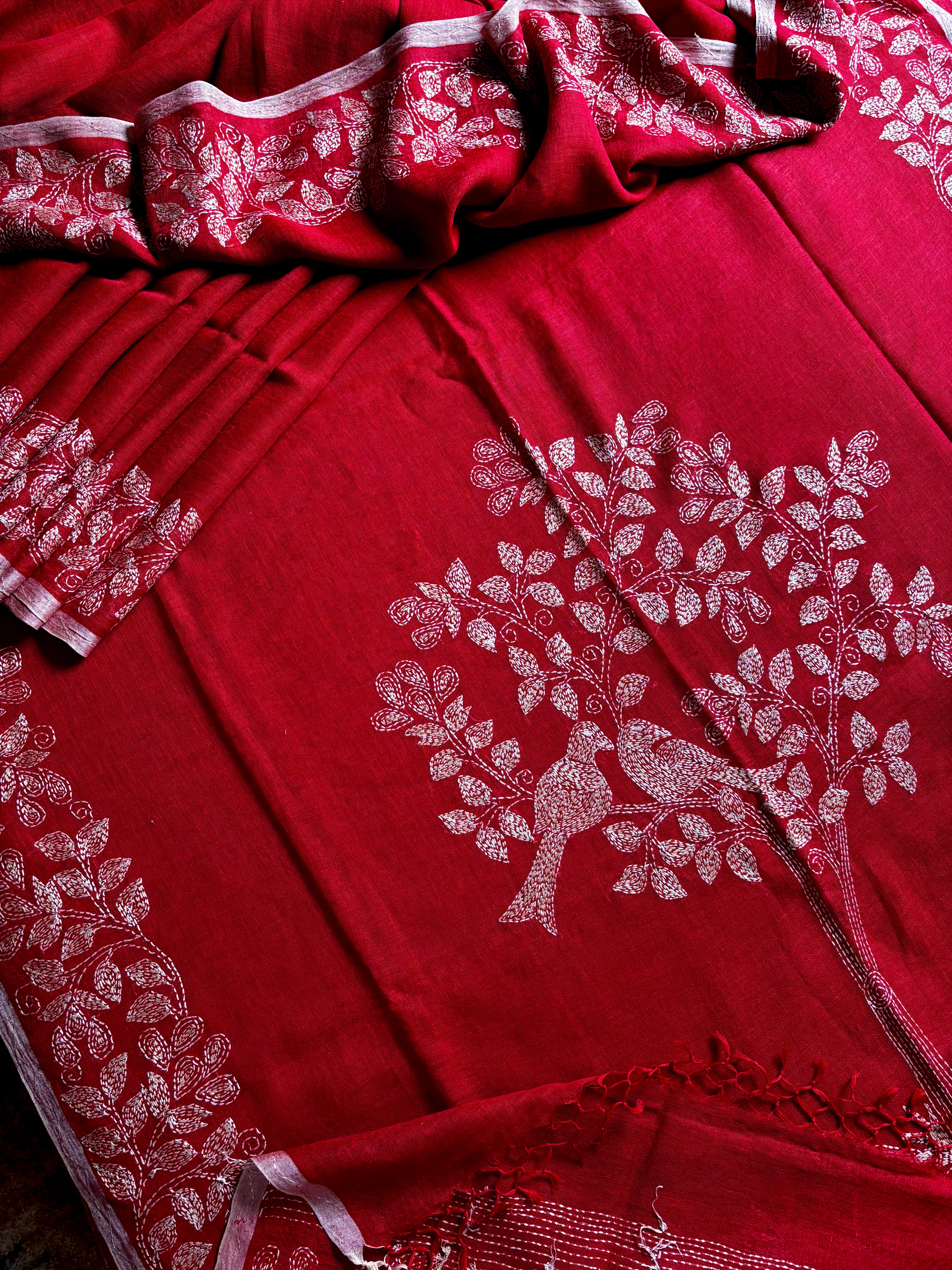 Handmade Reddish Maroon Colour Linen Kantha Saree
