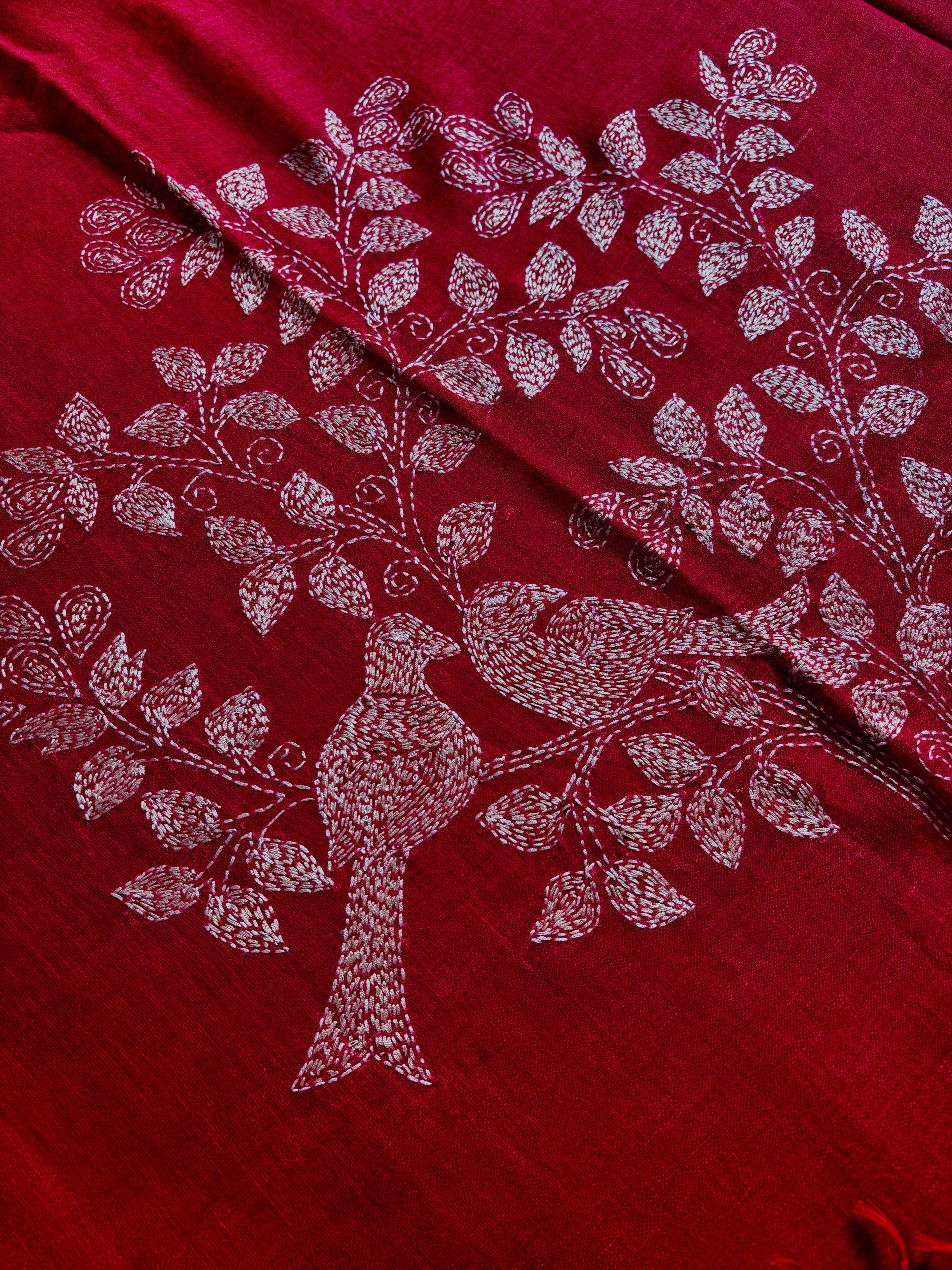 Handmade Reddish Maroon Colour Linen Kantha Saree