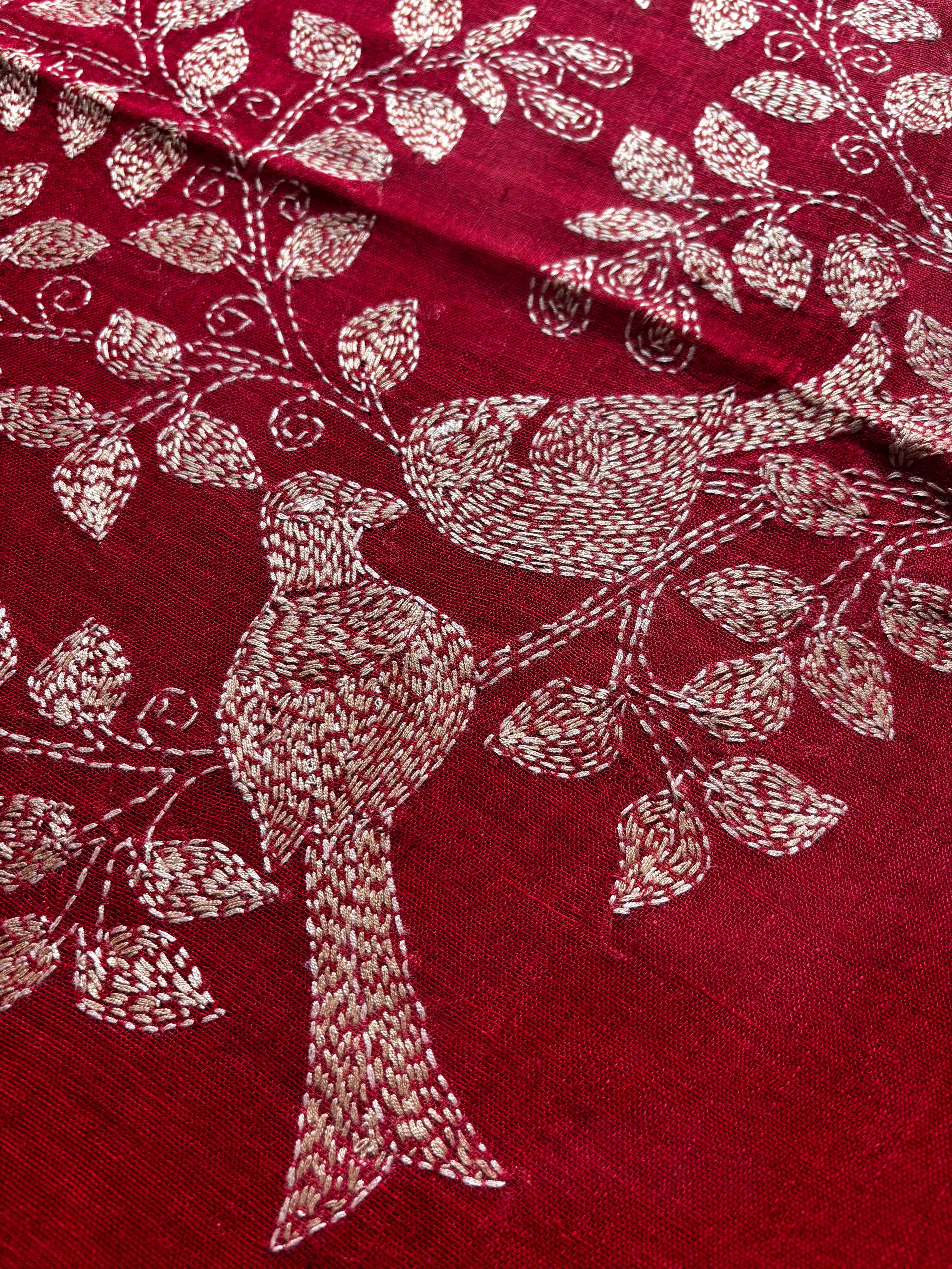 Handmade Reddish Maroon Colour Linen Kantha Saree