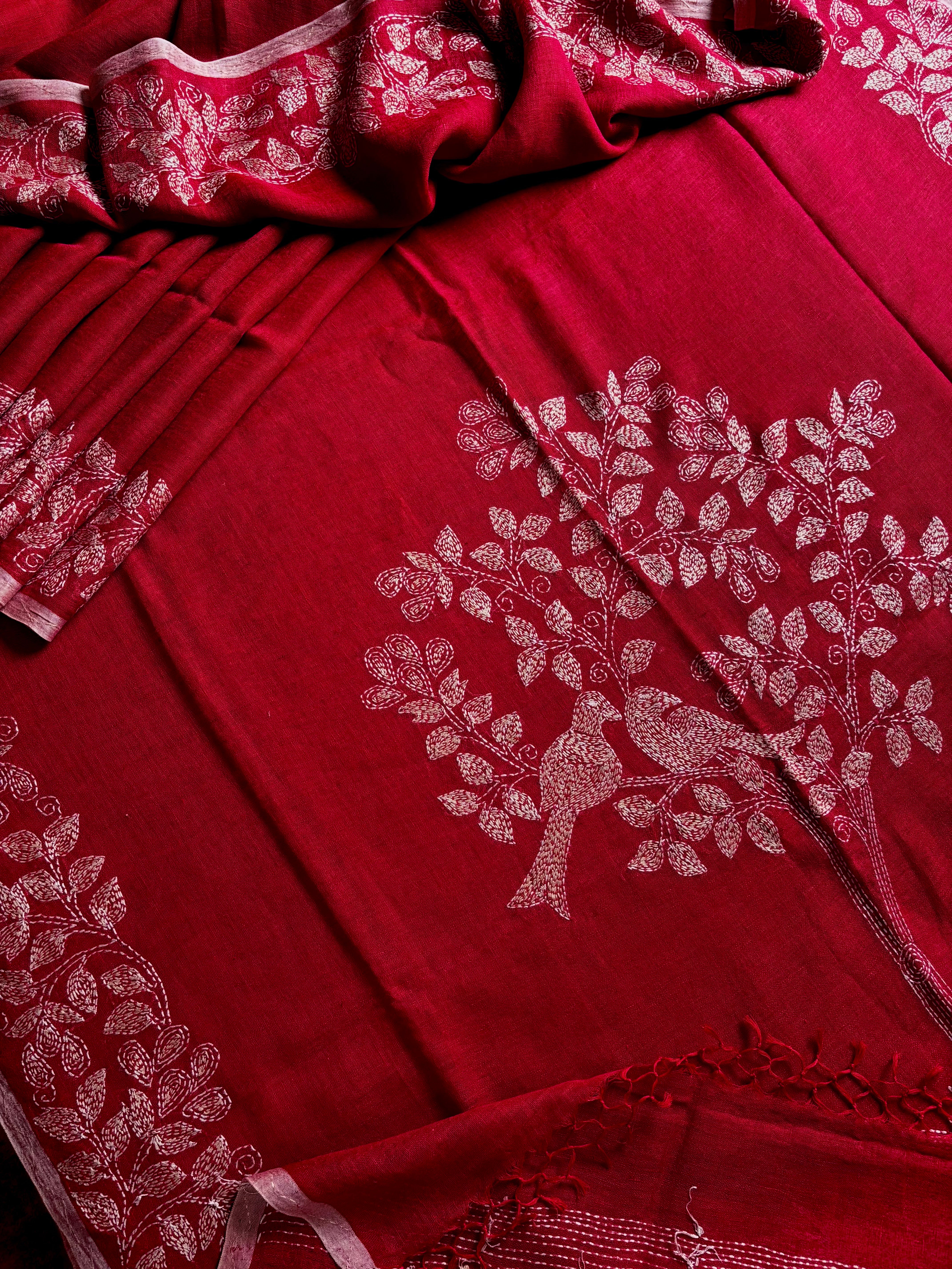 Handmade Reddish Maroon Colour Linen Kantha Saree