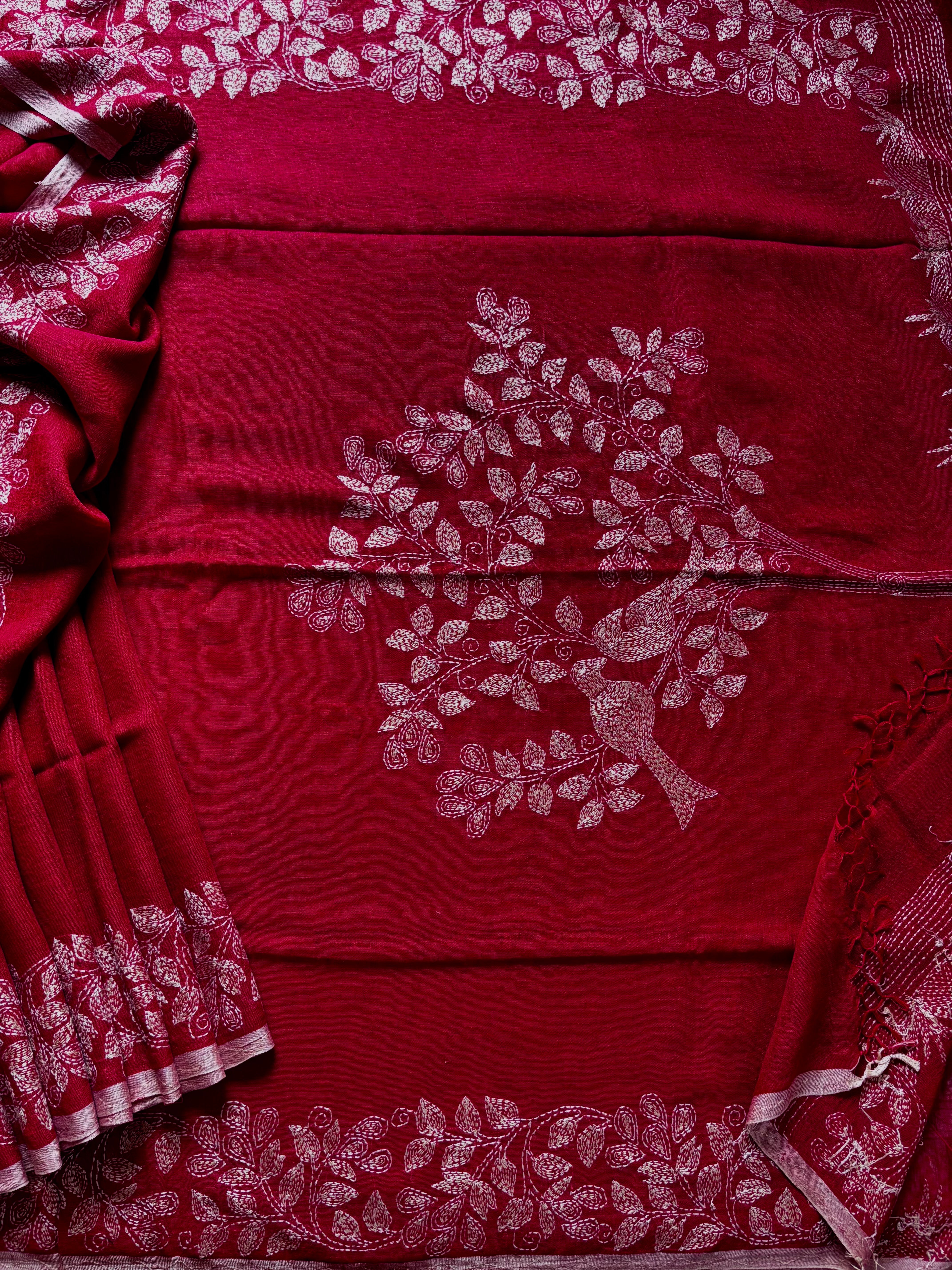 Handmade Reddish Maroon Colour Linen Kantha Saree