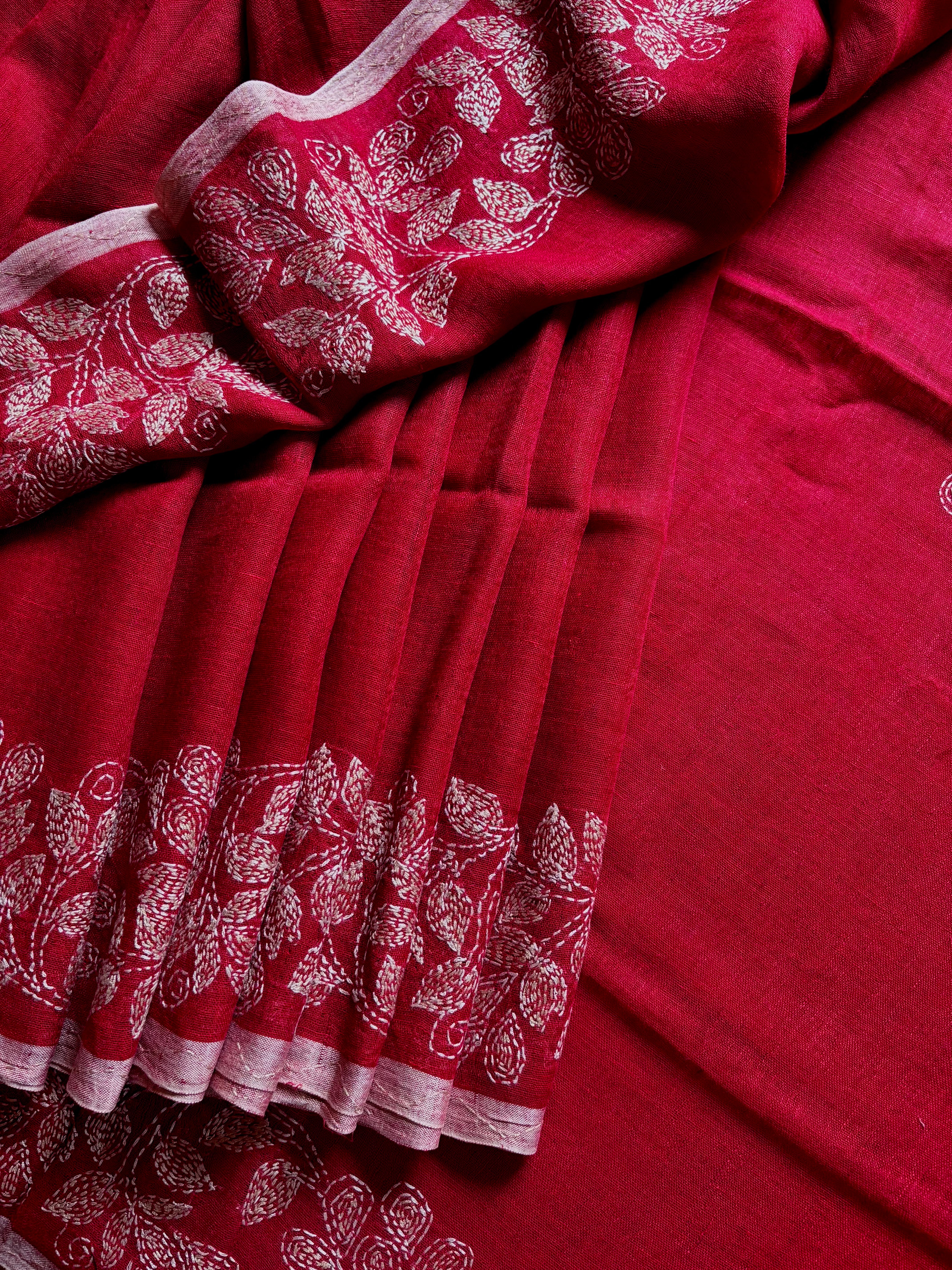 Handmade Reddish Maroon Colour Linen Kantha Saree
