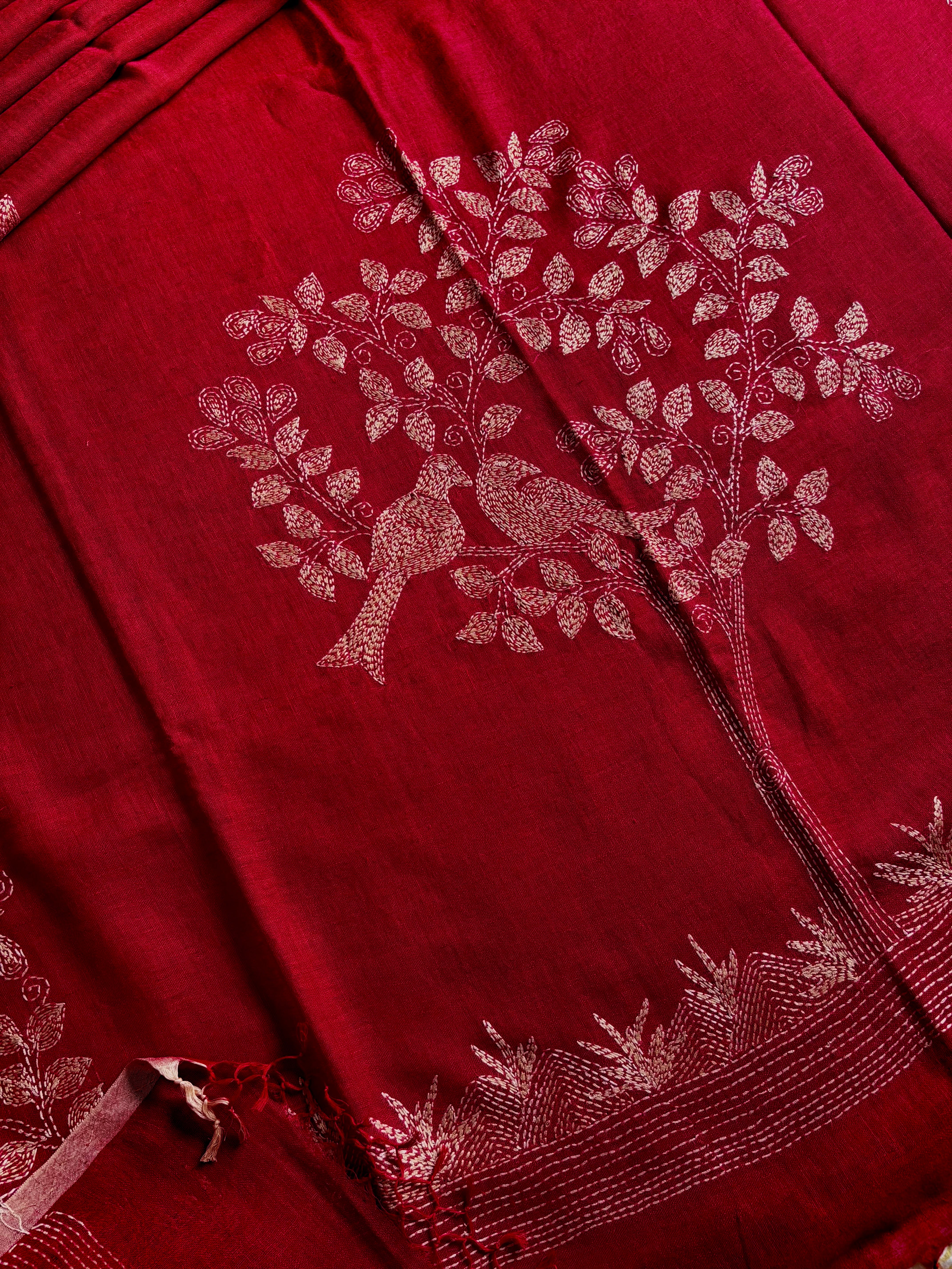 Handmade Reddish Maroon Colour Linen Kantha Saree