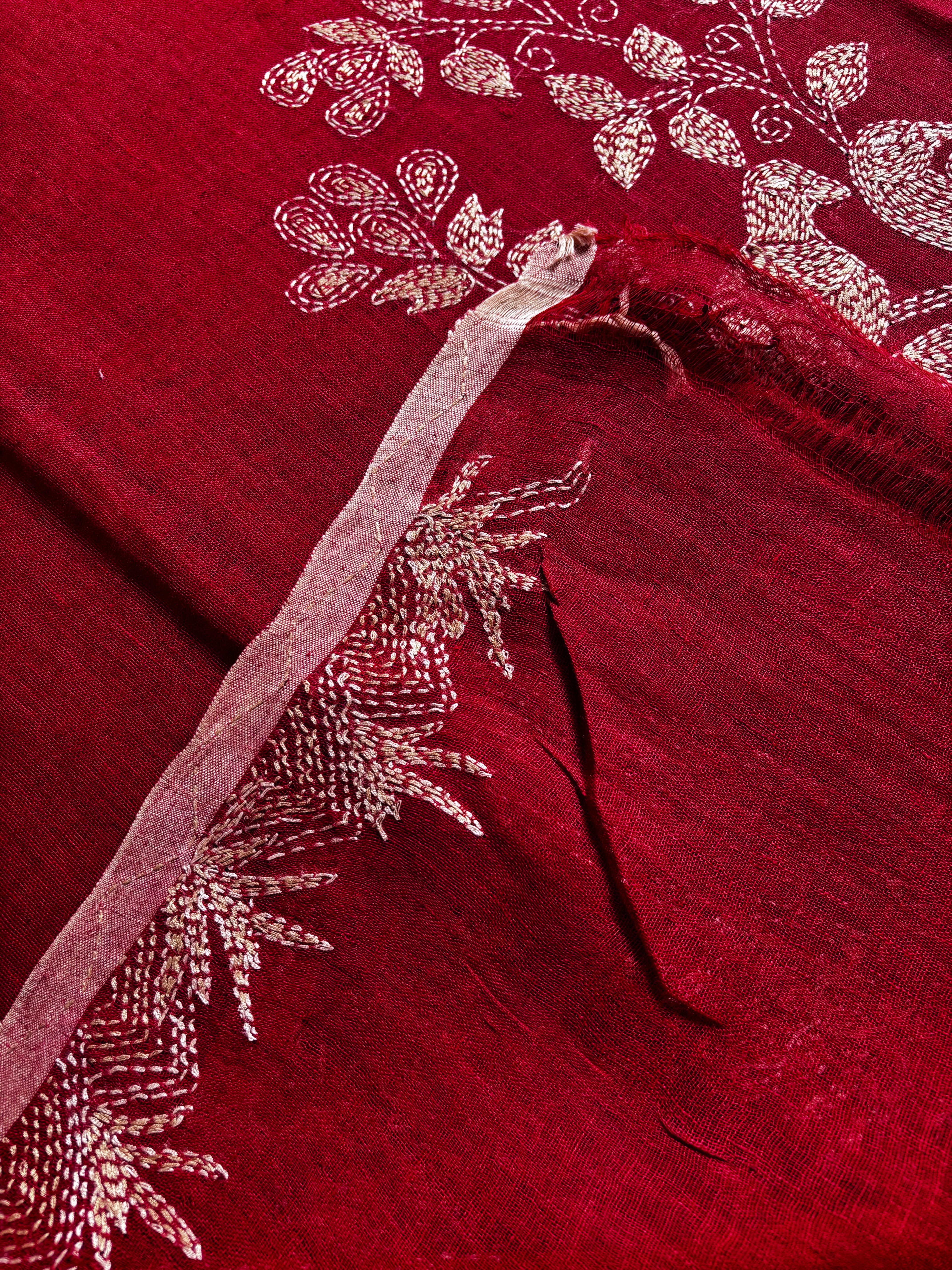 Handmade Reddish Maroon Colour Linen Kantha Saree