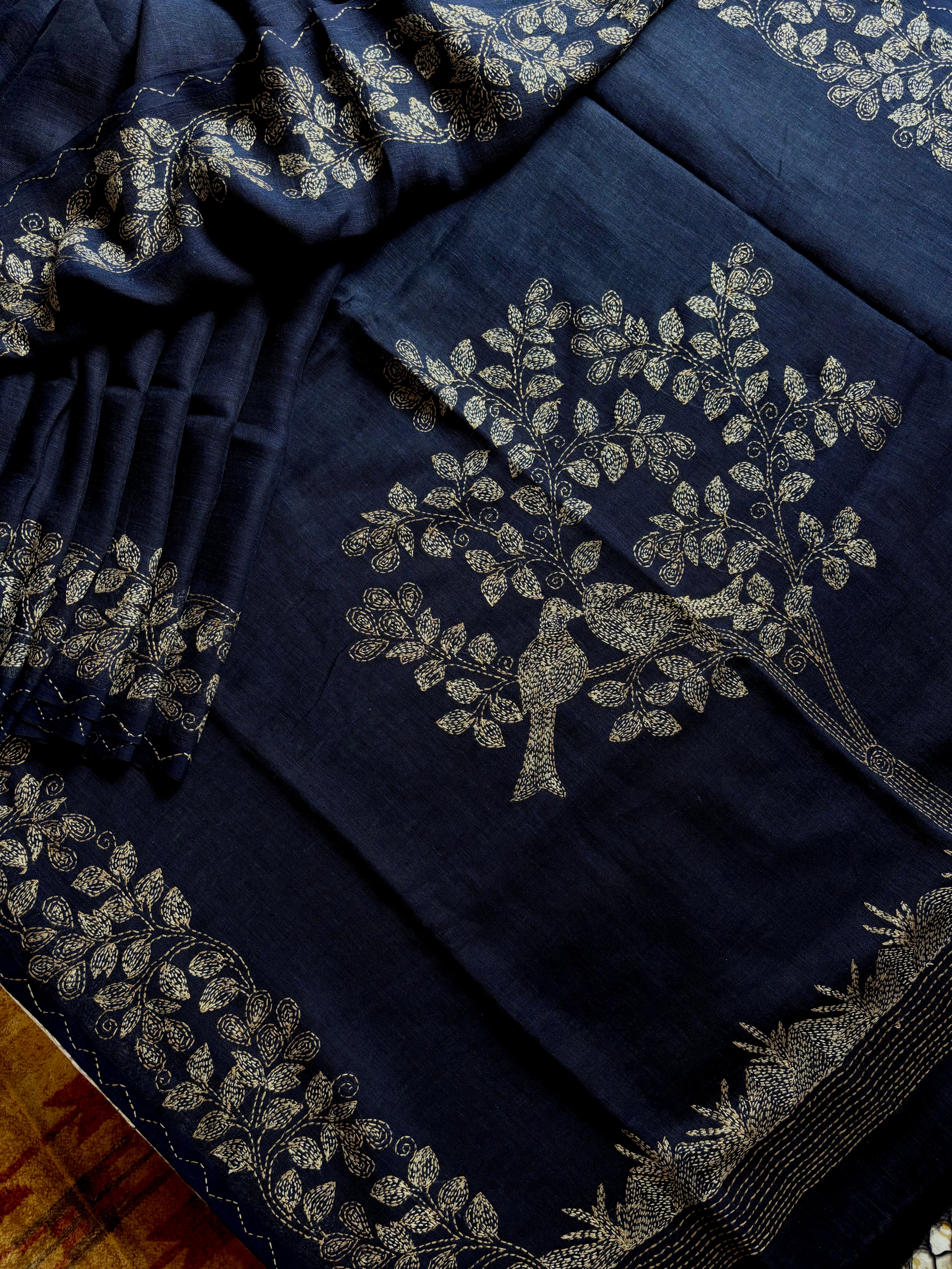 Handmade Navy Blue Colour Linen Kantha Saree