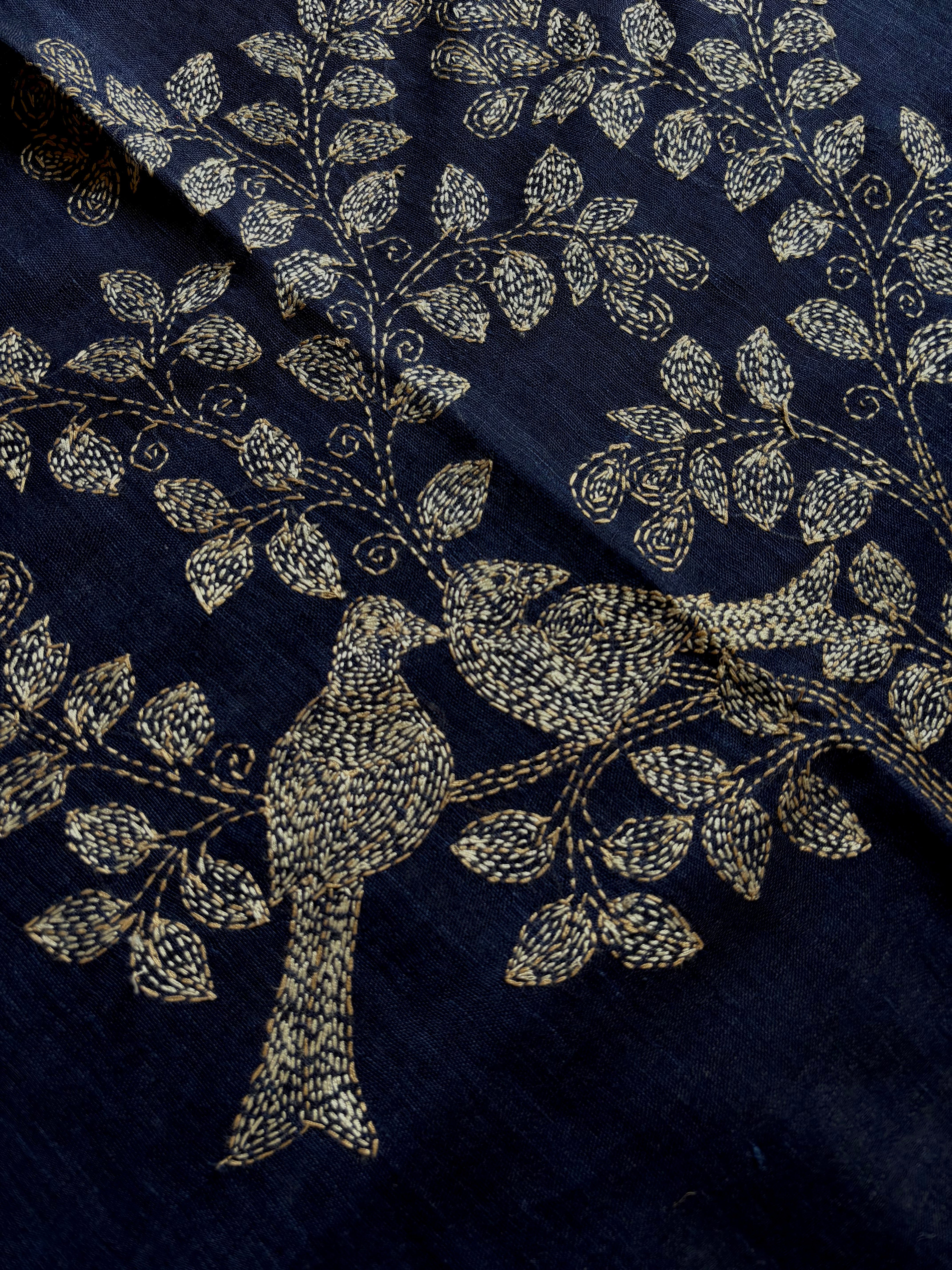 Handmade Navy Blue Colour Linen Kantha Saree