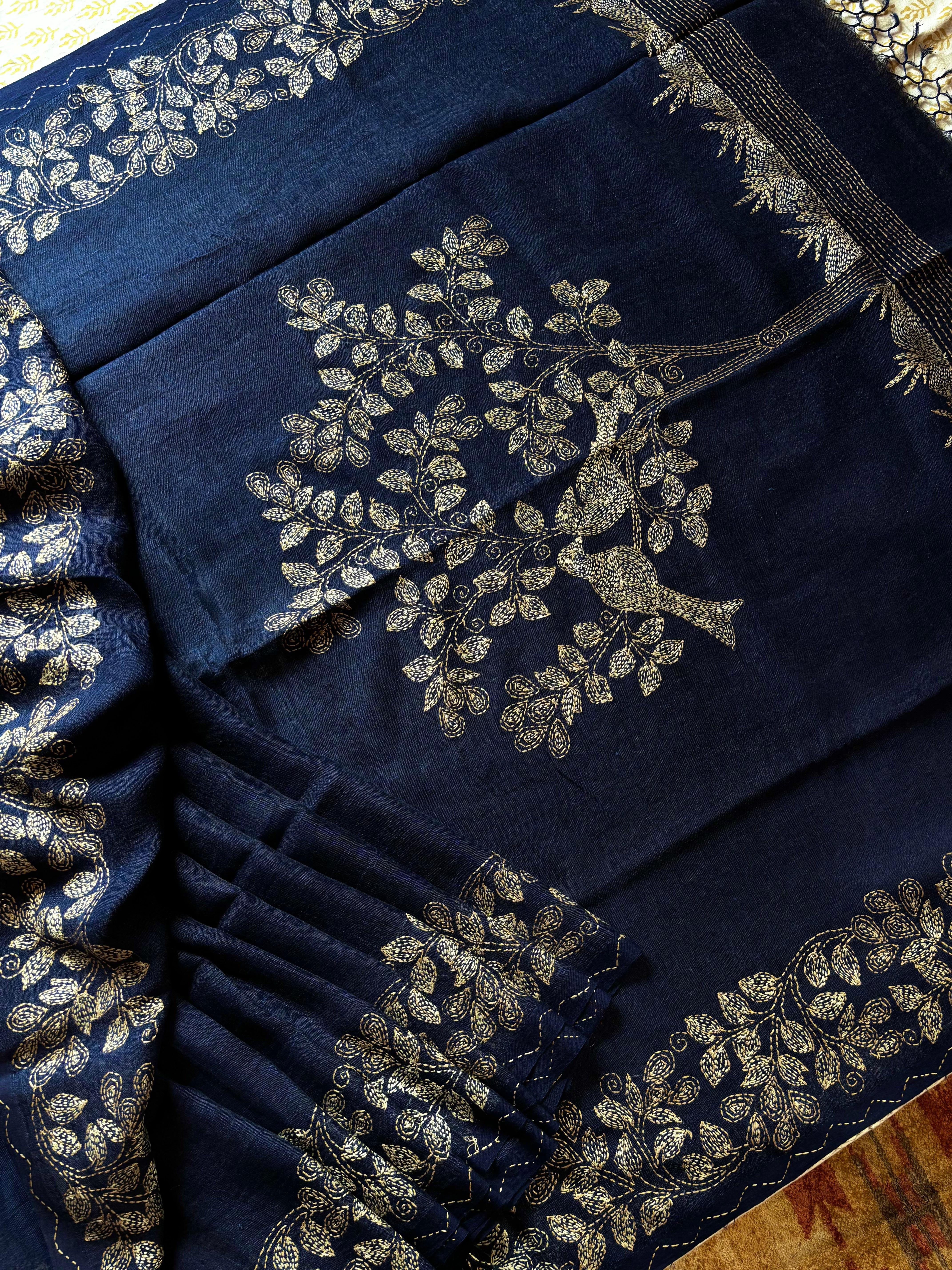 Handmade Navy Blue Colour Linen Kantha Saree