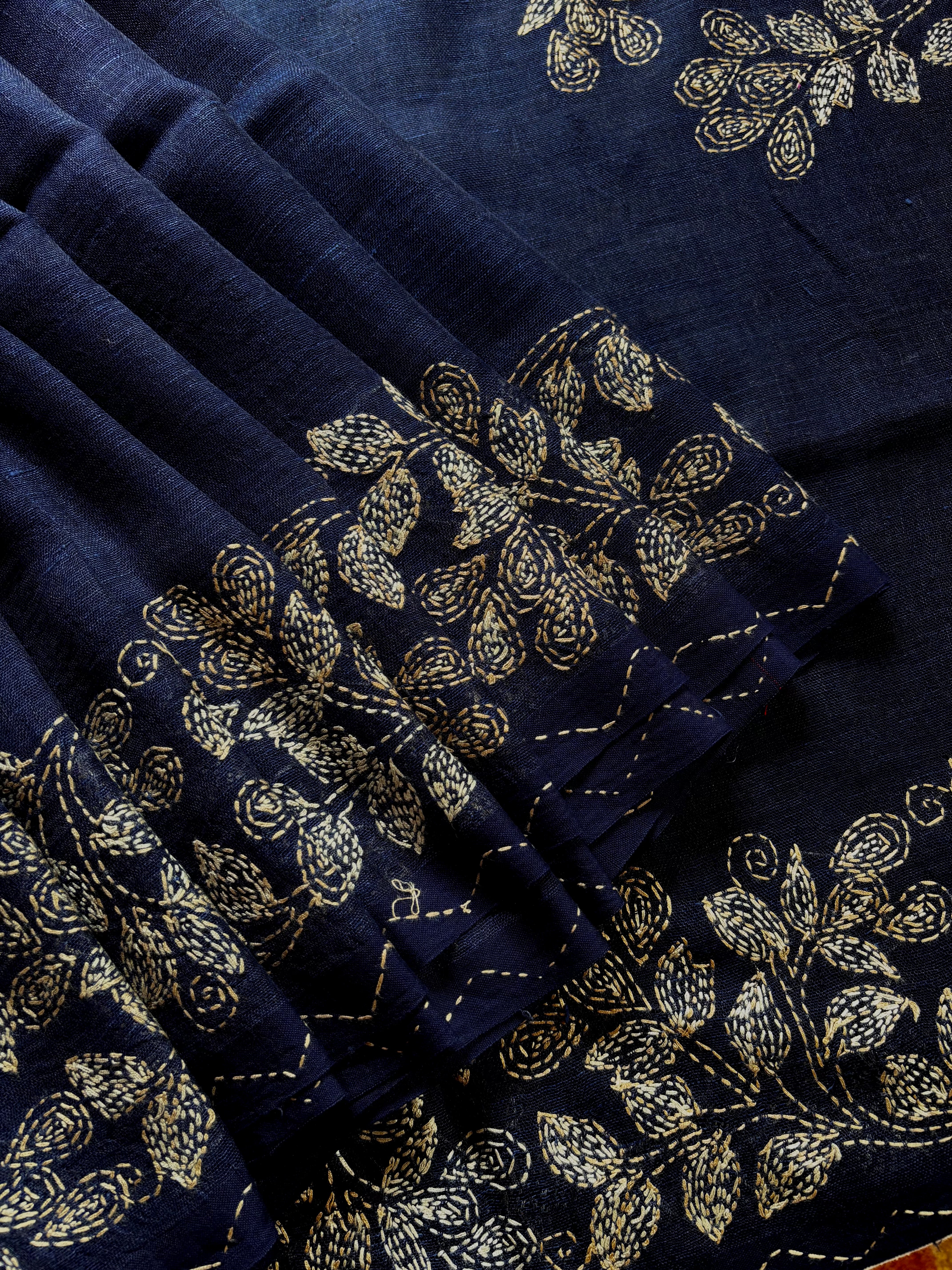 Handmade Navy Blue Colour Linen Kantha Saree