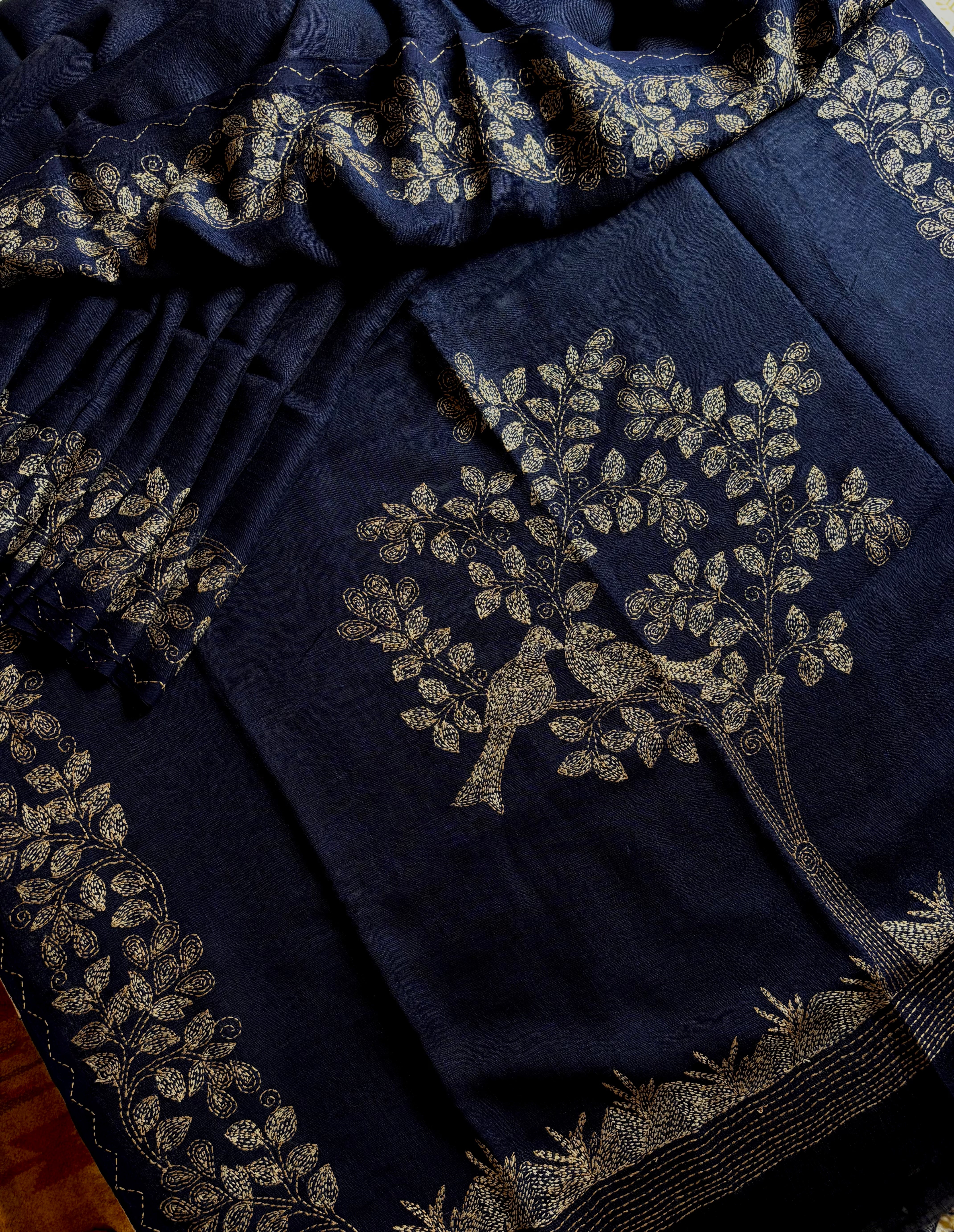 Handmade Navy Blue Colour Linen Kantha Saree
