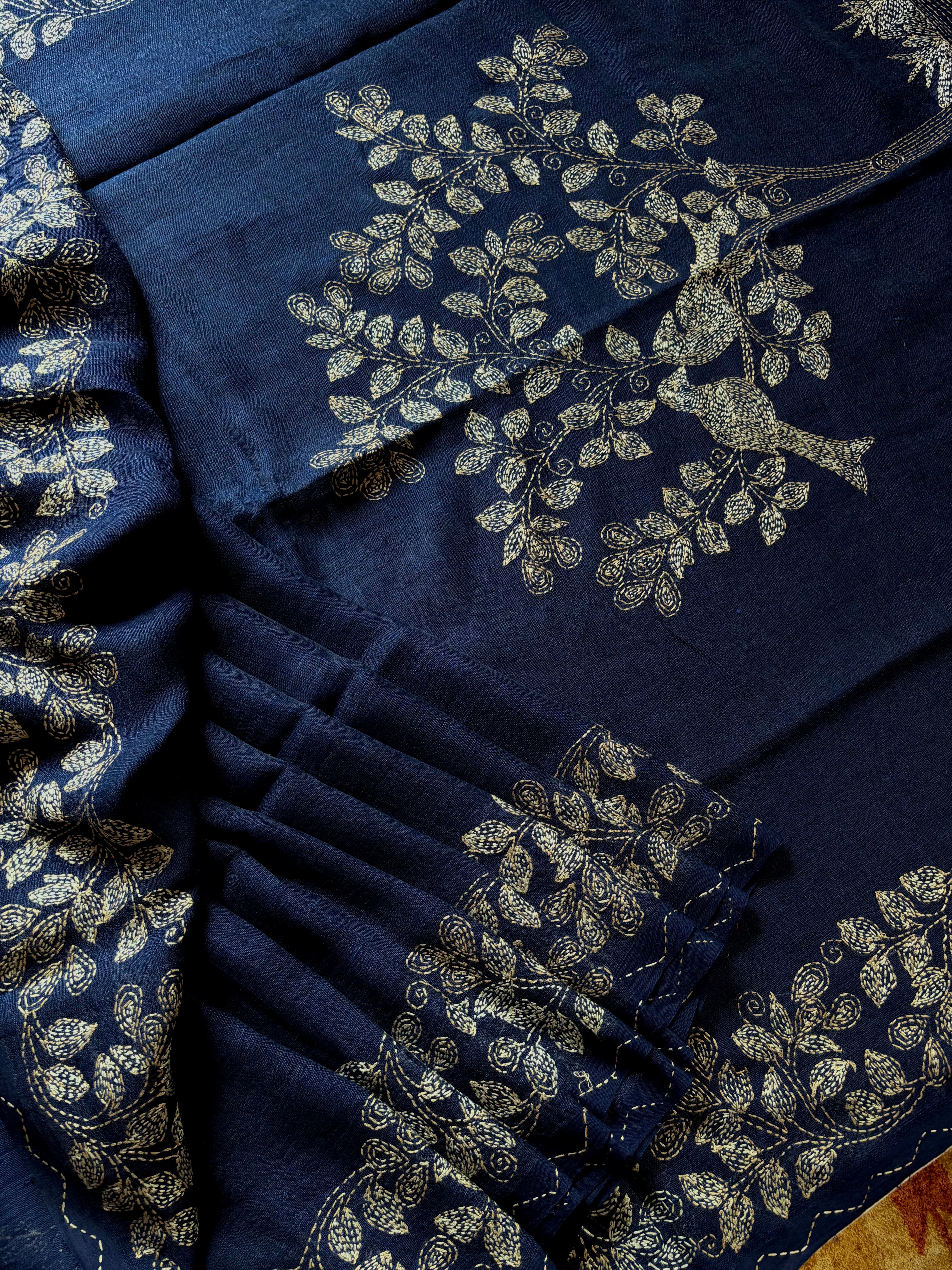 Handmade Navy Blue Colour Linen Kantha Saree