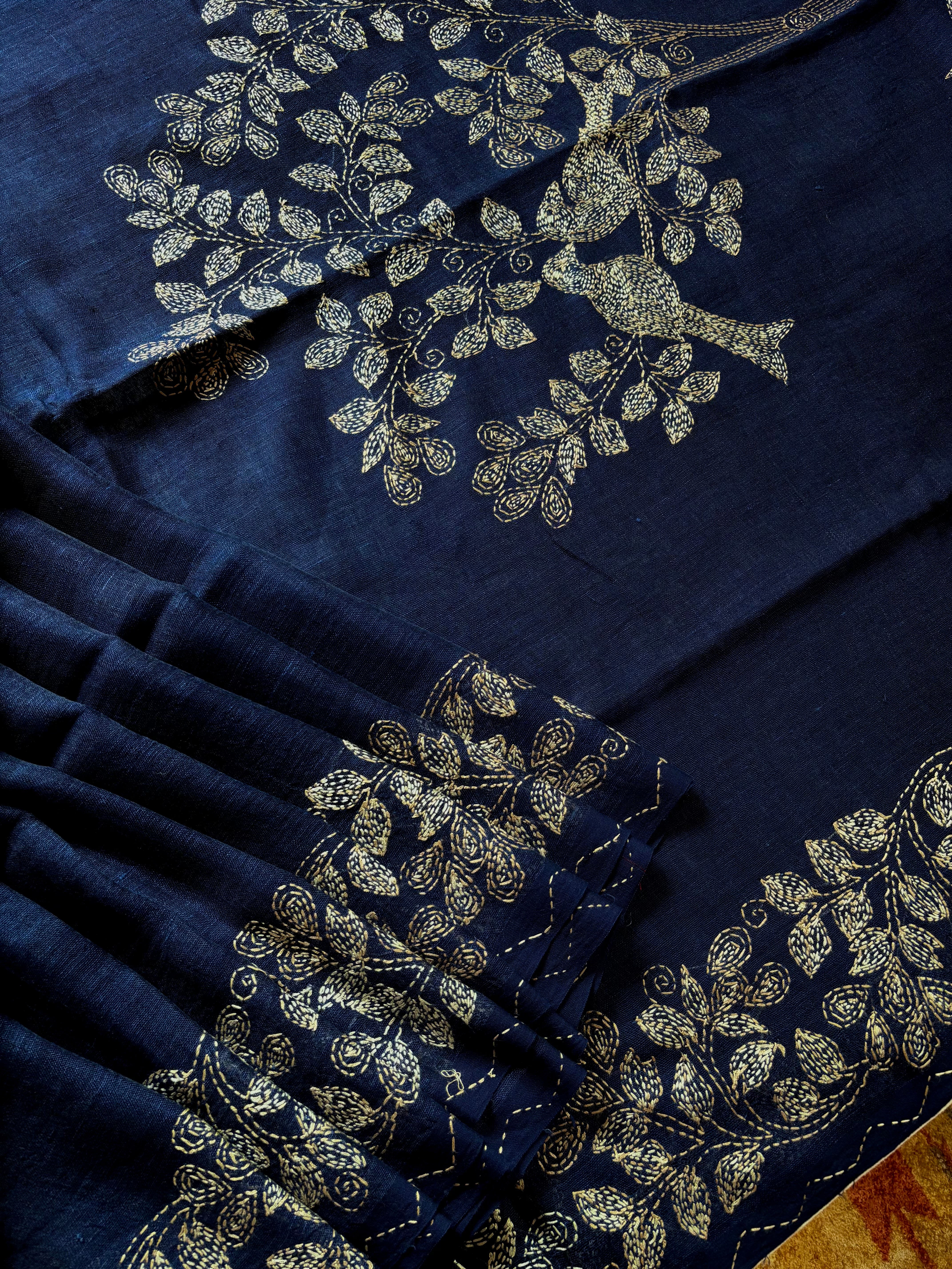 Handmade Navy Blue Colour Linen Kantha Saree
