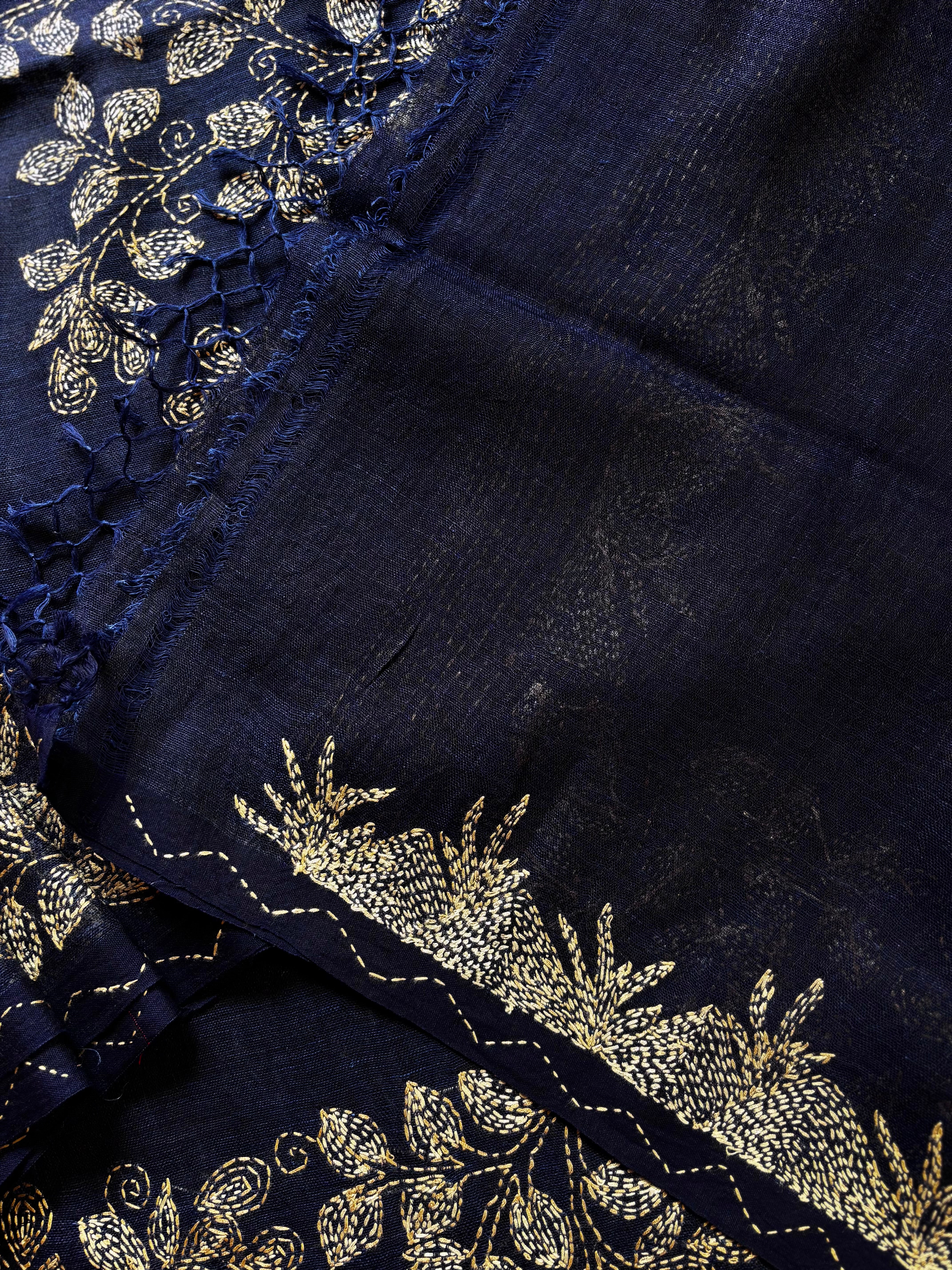 Handmade Navy Blue Colour Linen Kantha Saree