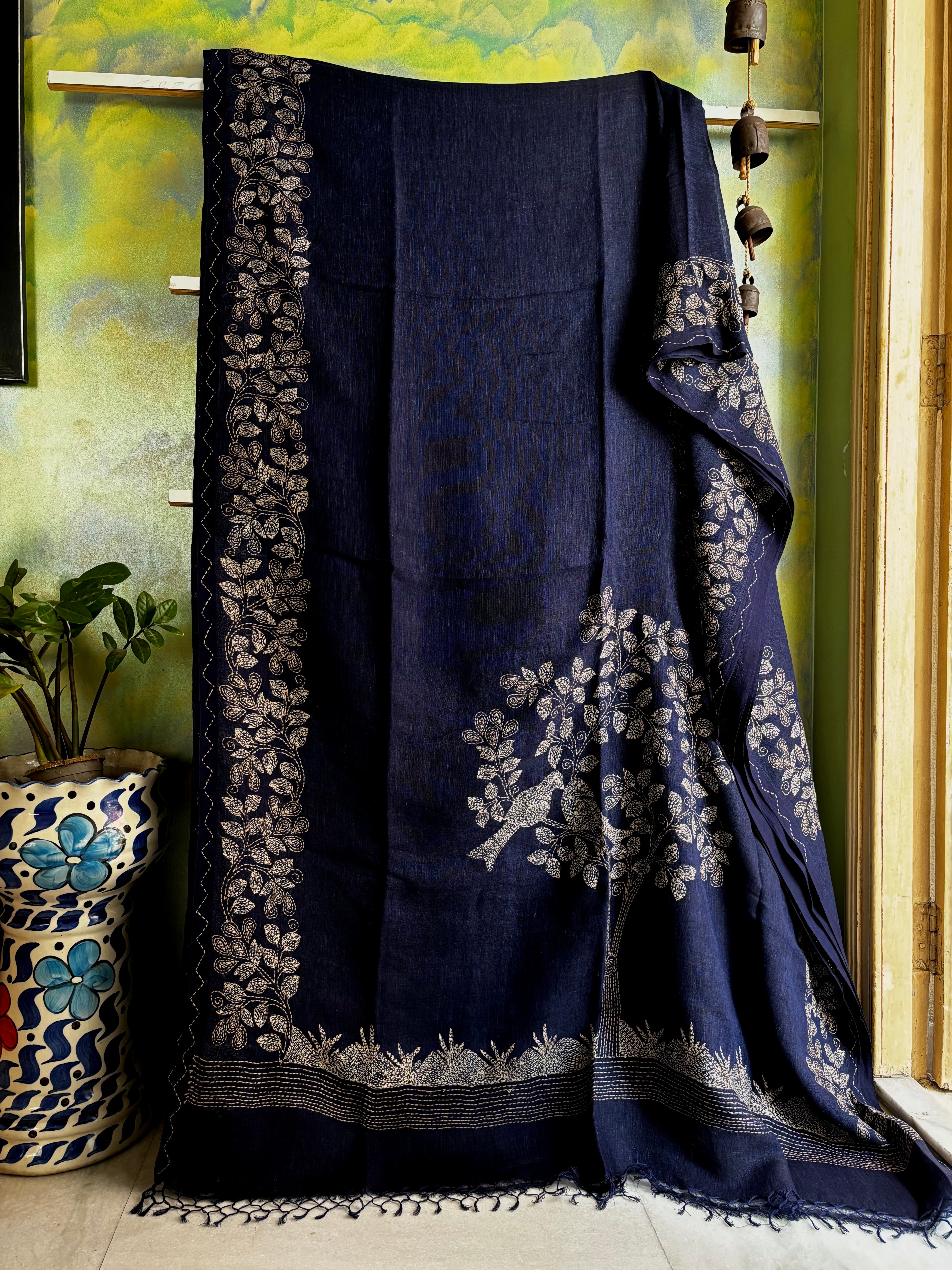 Handmade Navy Blue Colour Linen Kantha Saree