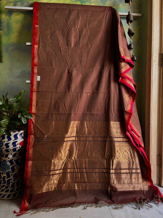 Handwoven Dual Toned Cinnamon Colour Cotton Kanchipuram Saree