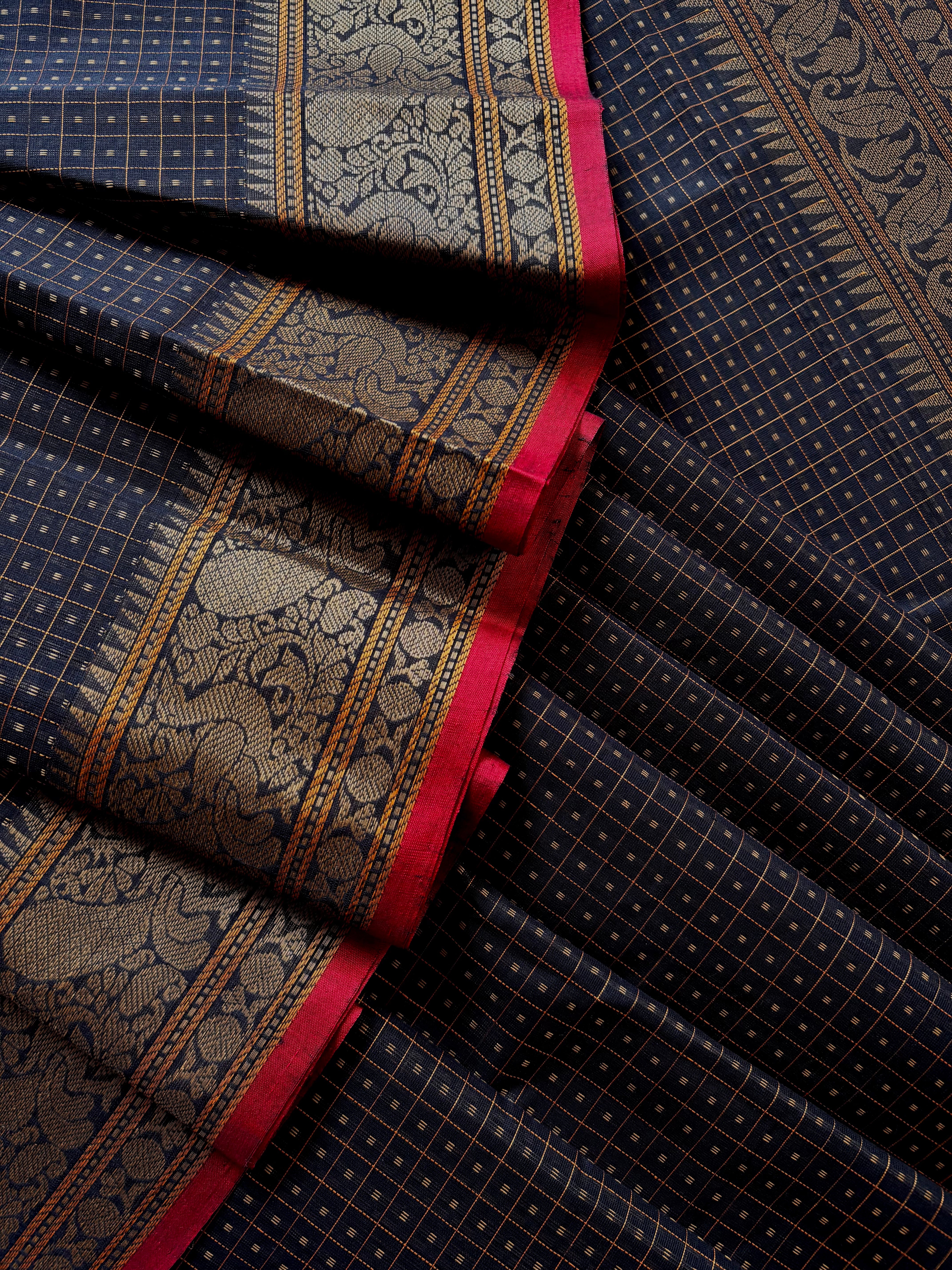 Handwoven Black Cotton Kanchipuram Saree