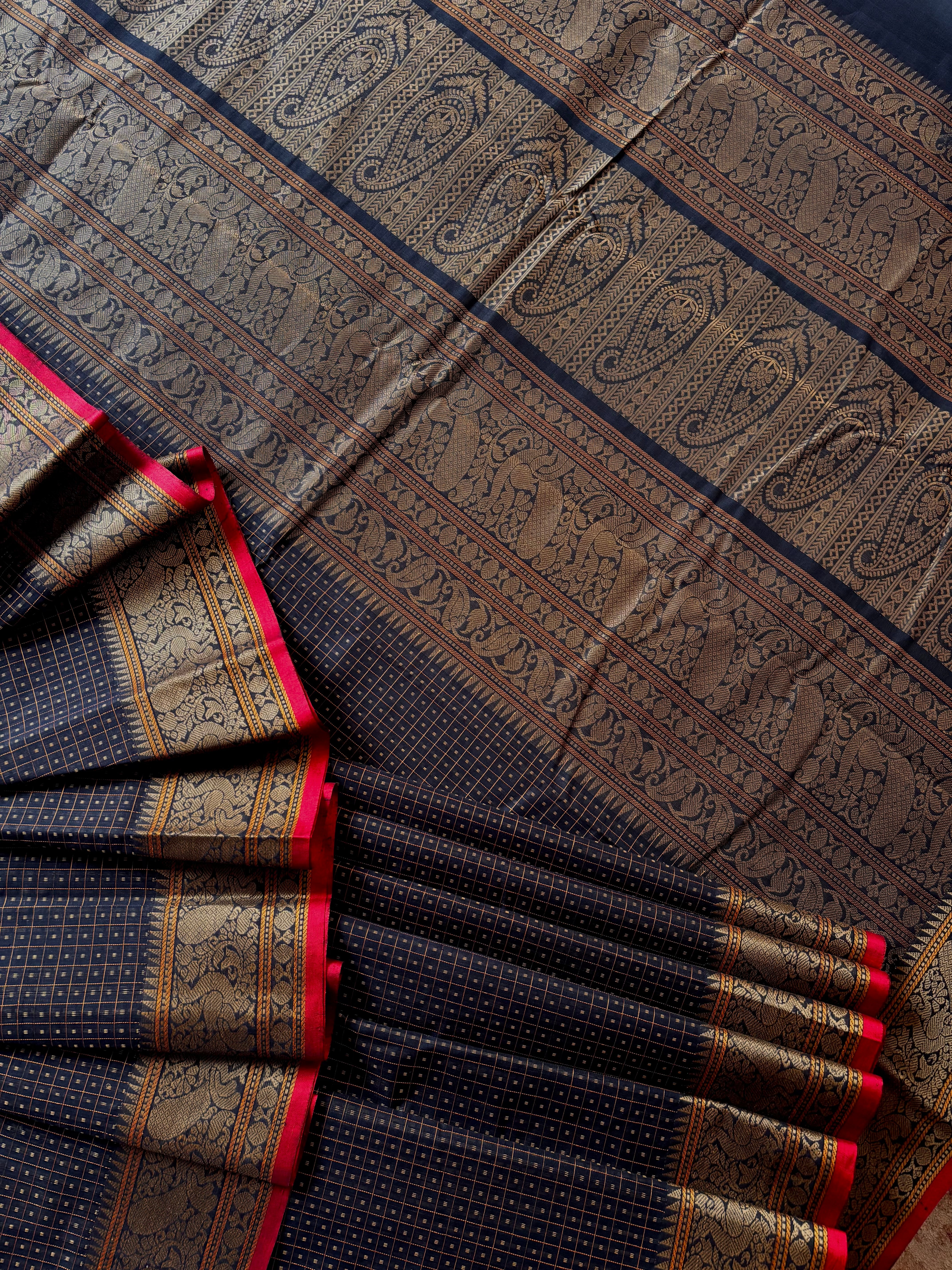 Handwoven Black Cotton Kanchipuram Saree
