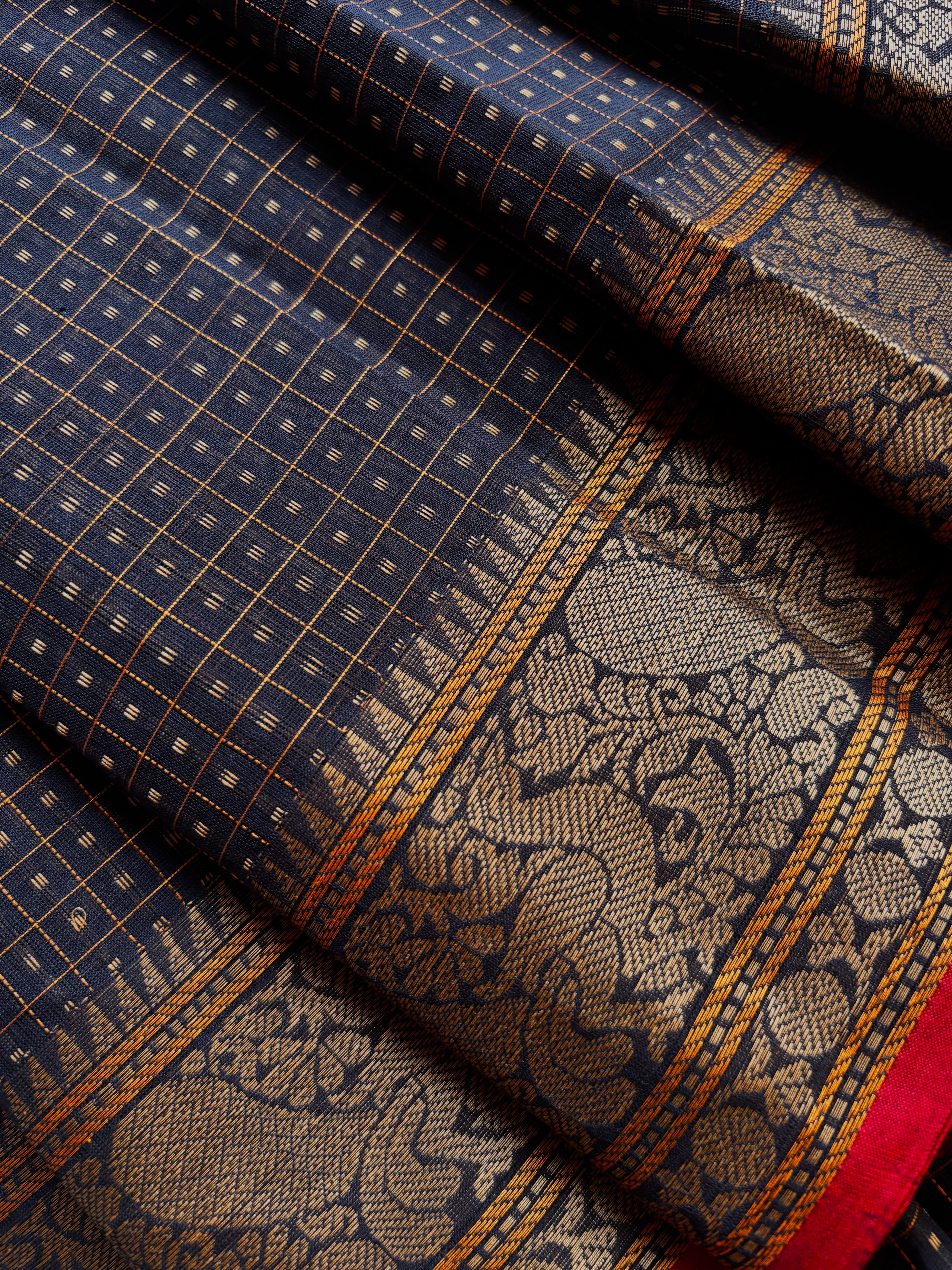 Handwoven Black Cotton Kanchipuram Saree