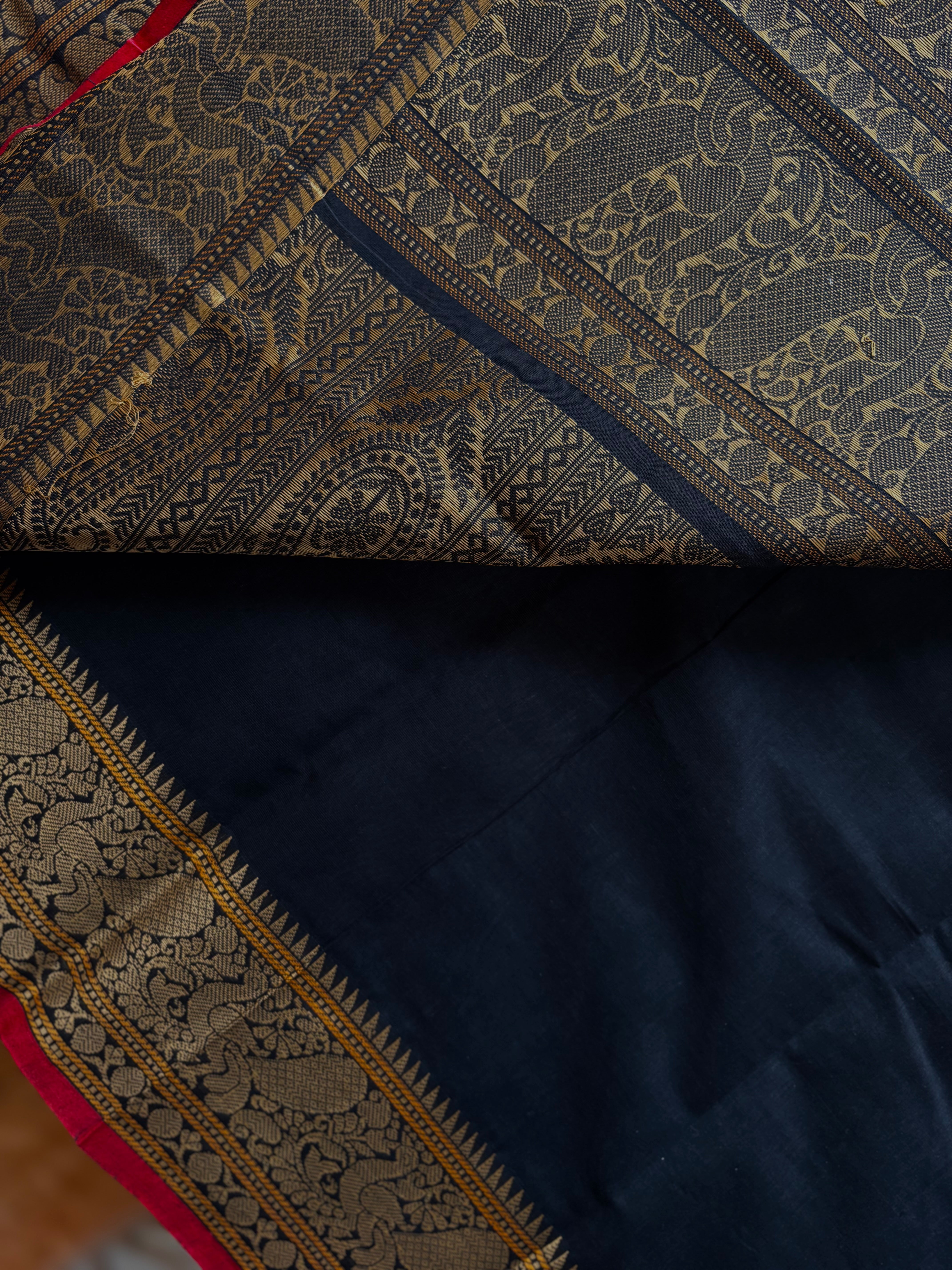 Handwoven Black Cotton Kanchipuram Saree