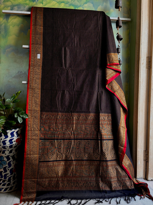 Handwoven Black Cotton Kanchipuram Saree