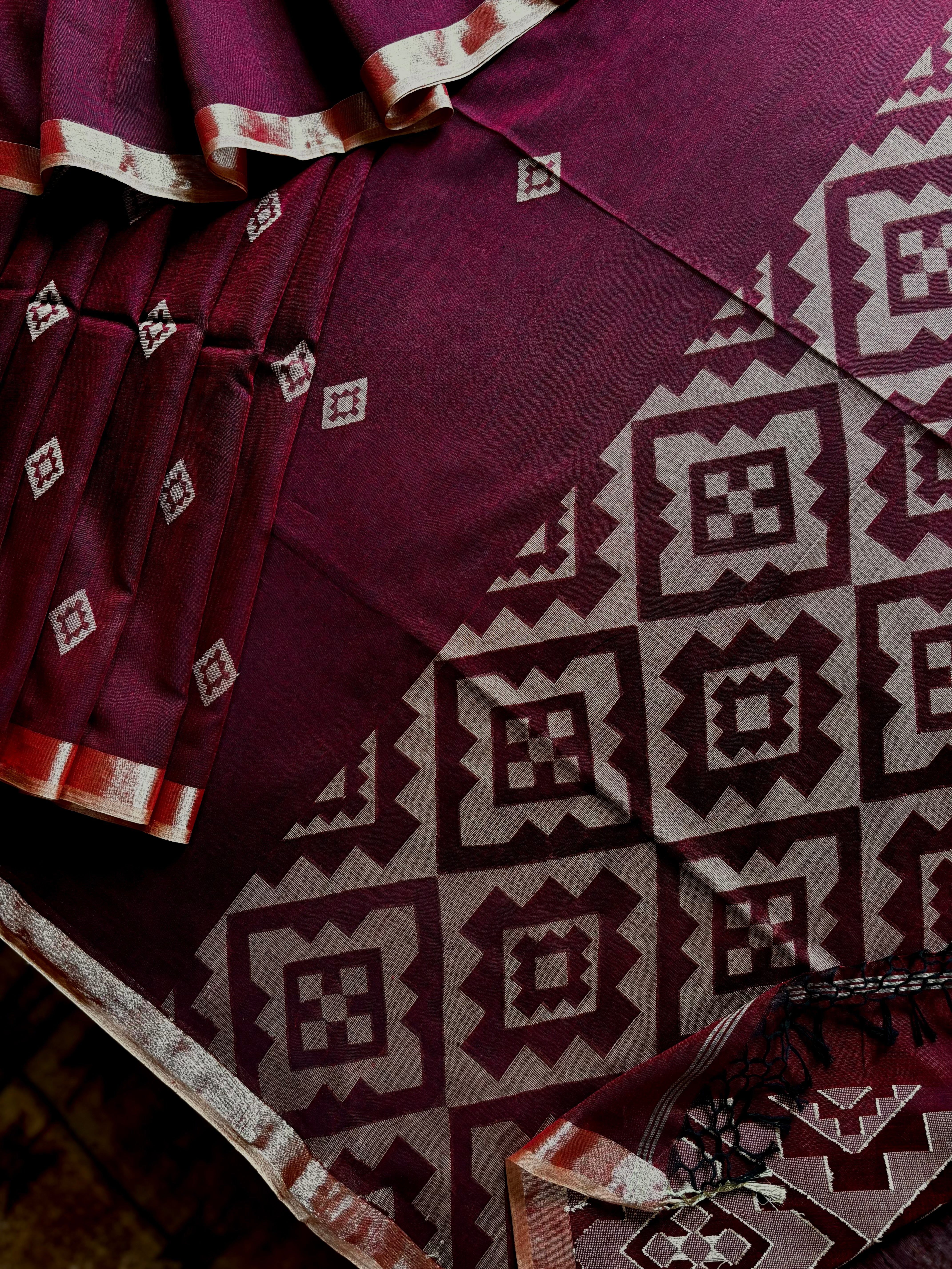 Handwoven Wine Colour Jamdani Cotton Saree